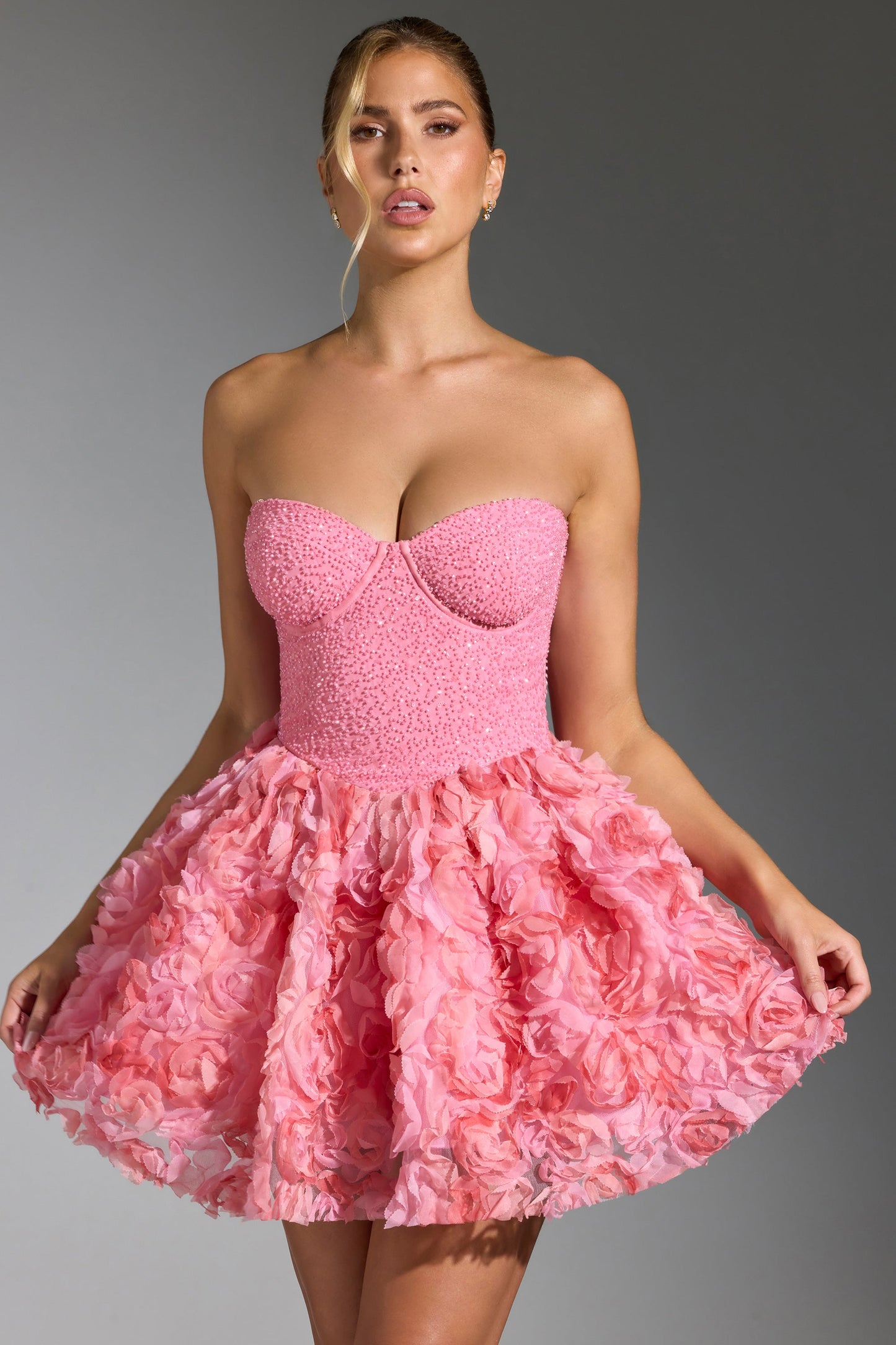 Embellished Floral-Appliqu�� Lace-Up Mini Dress in Pink