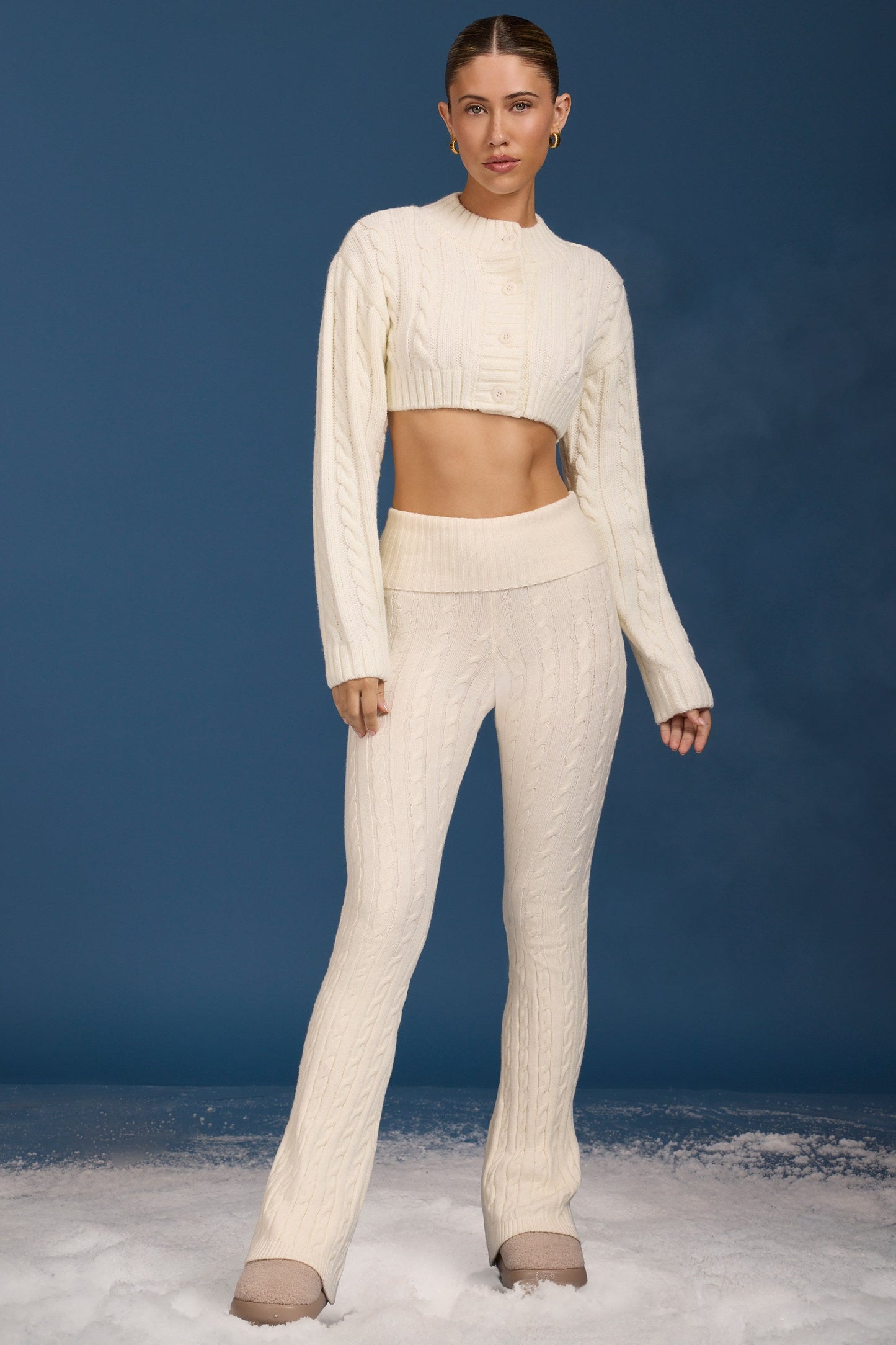Tall Cable-Knit Flared Trousers in Cream