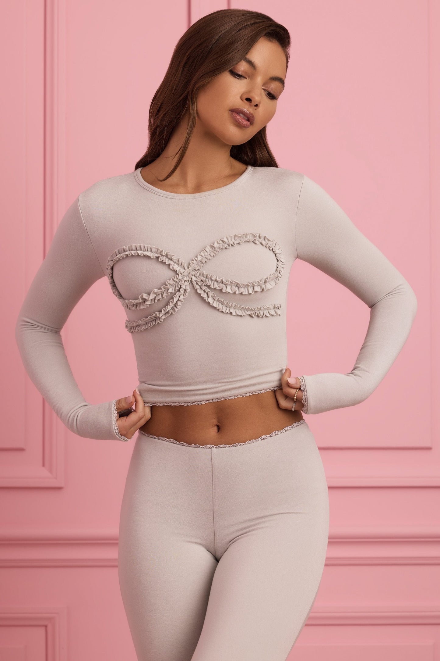 Lace-Trim Appliqu�� Pyjama Top in Cloud Grey