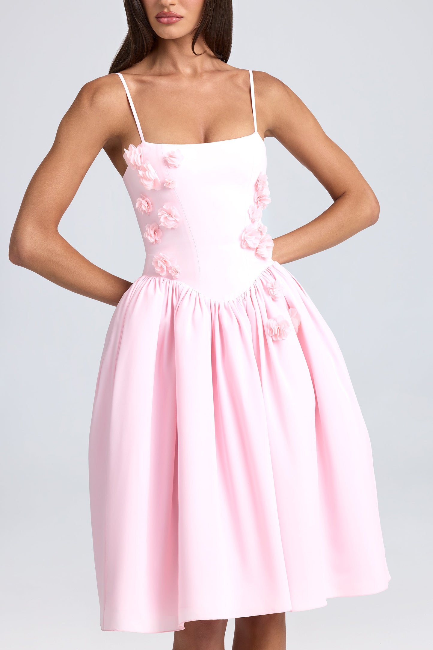 Floral-Appliqu�� Midi Dress in Blush