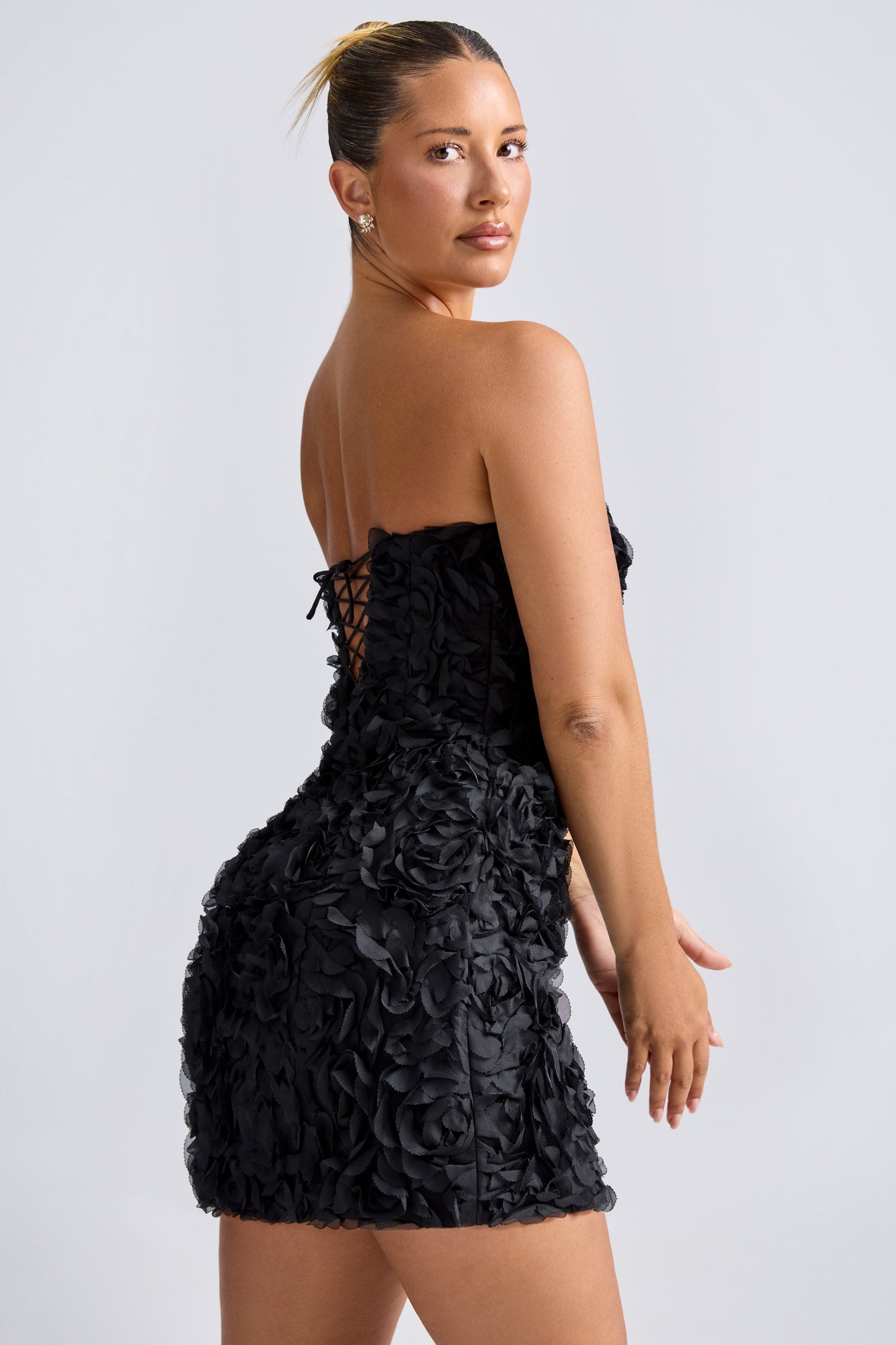 Floral-Appliqu�� Bandeau A-Line Mini Dress in Black