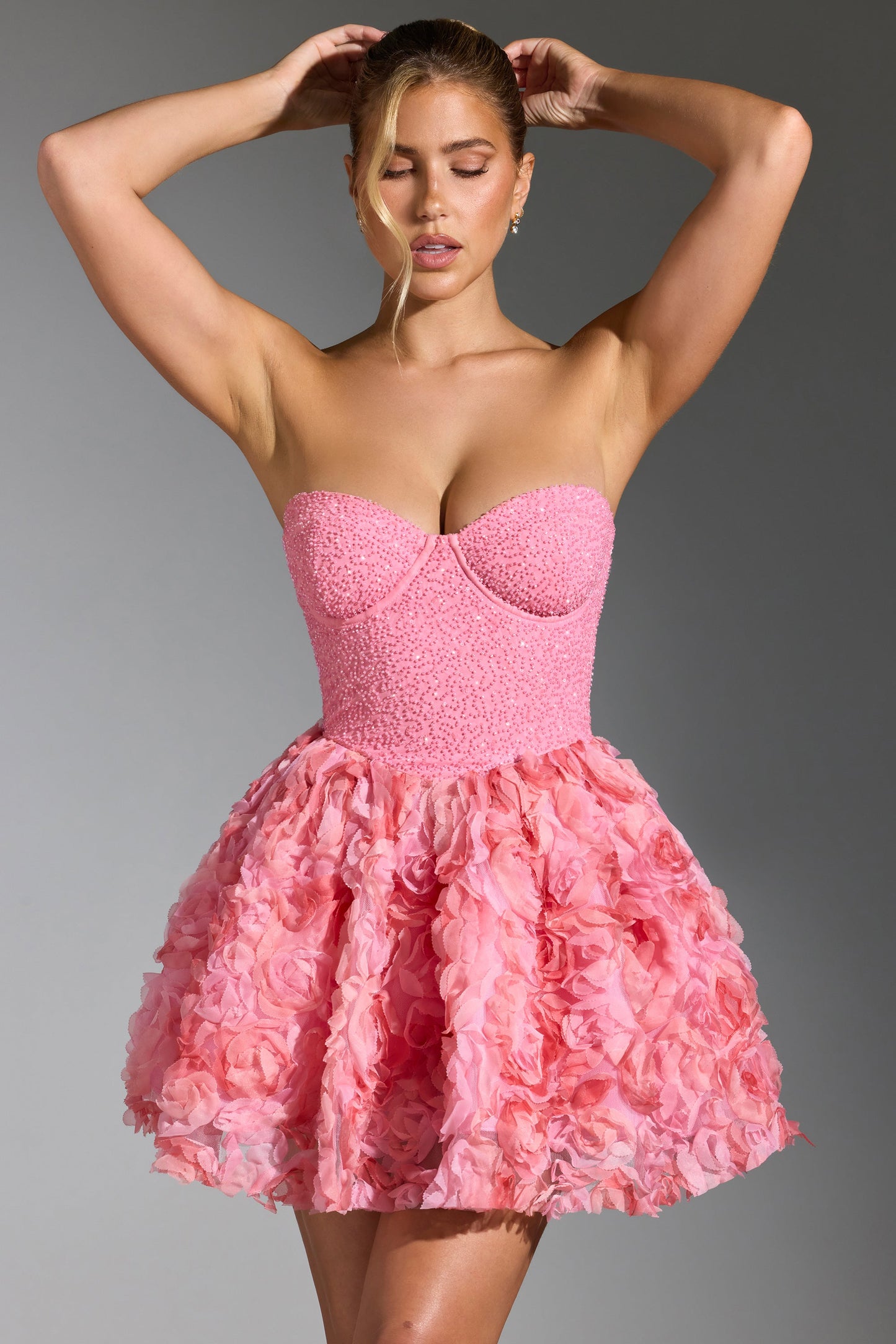 Embellished Floral-Appliqu�� Lace-Up Mini Dress in Pink
