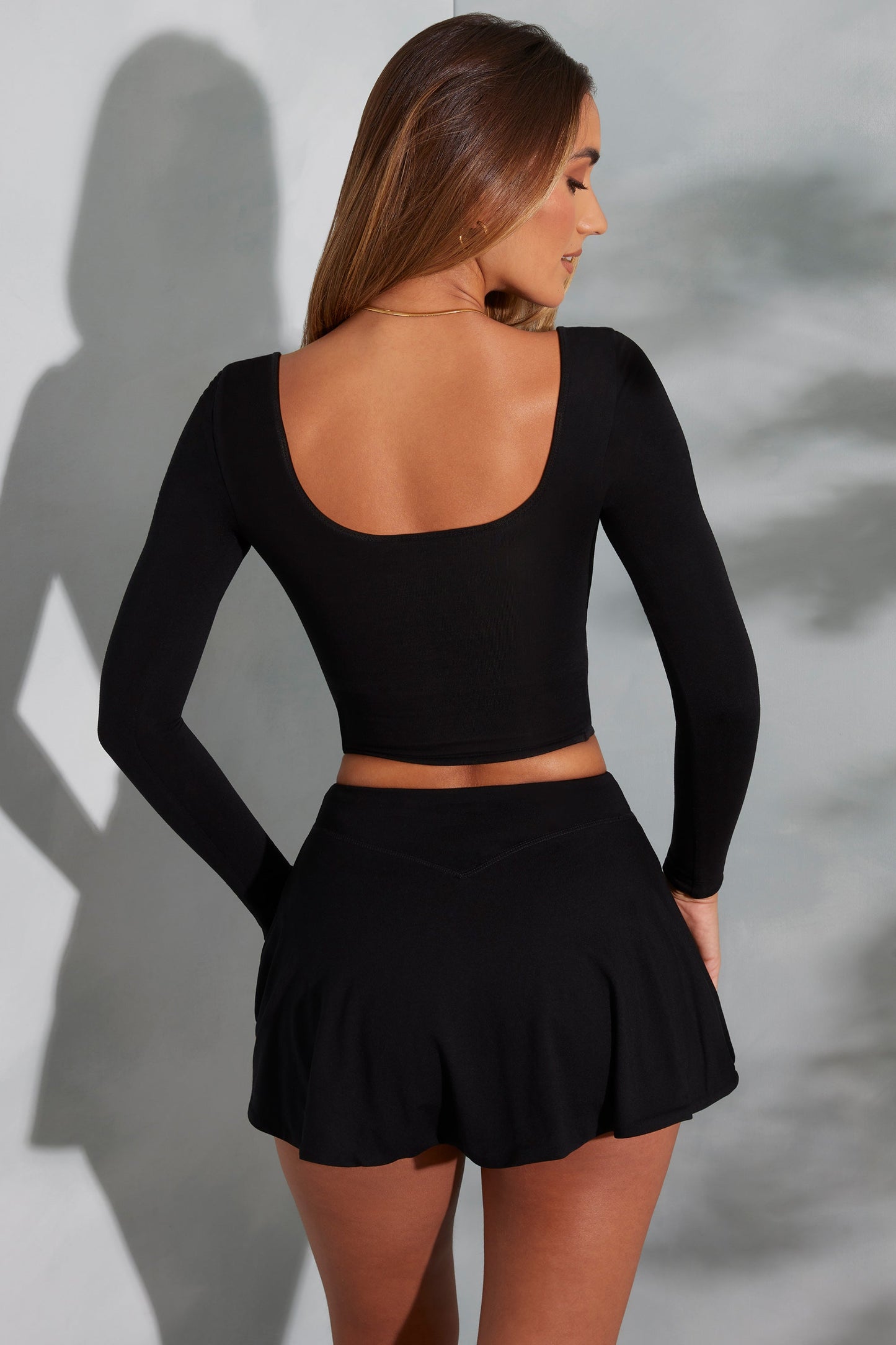Rounded Square Neck Long Sleeve Top in Black