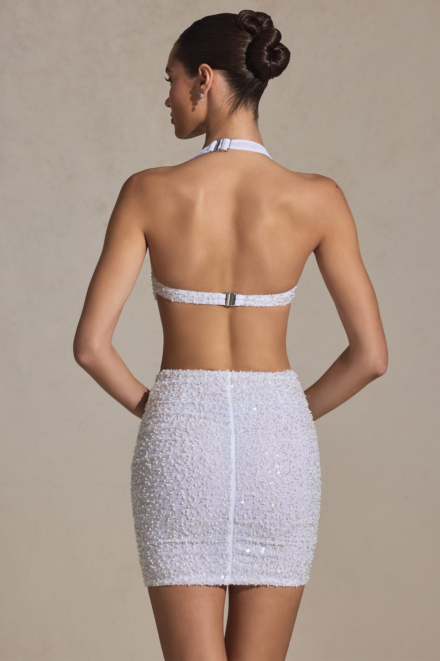 Embellished Cut-Out Halterneck Mini Dress in White