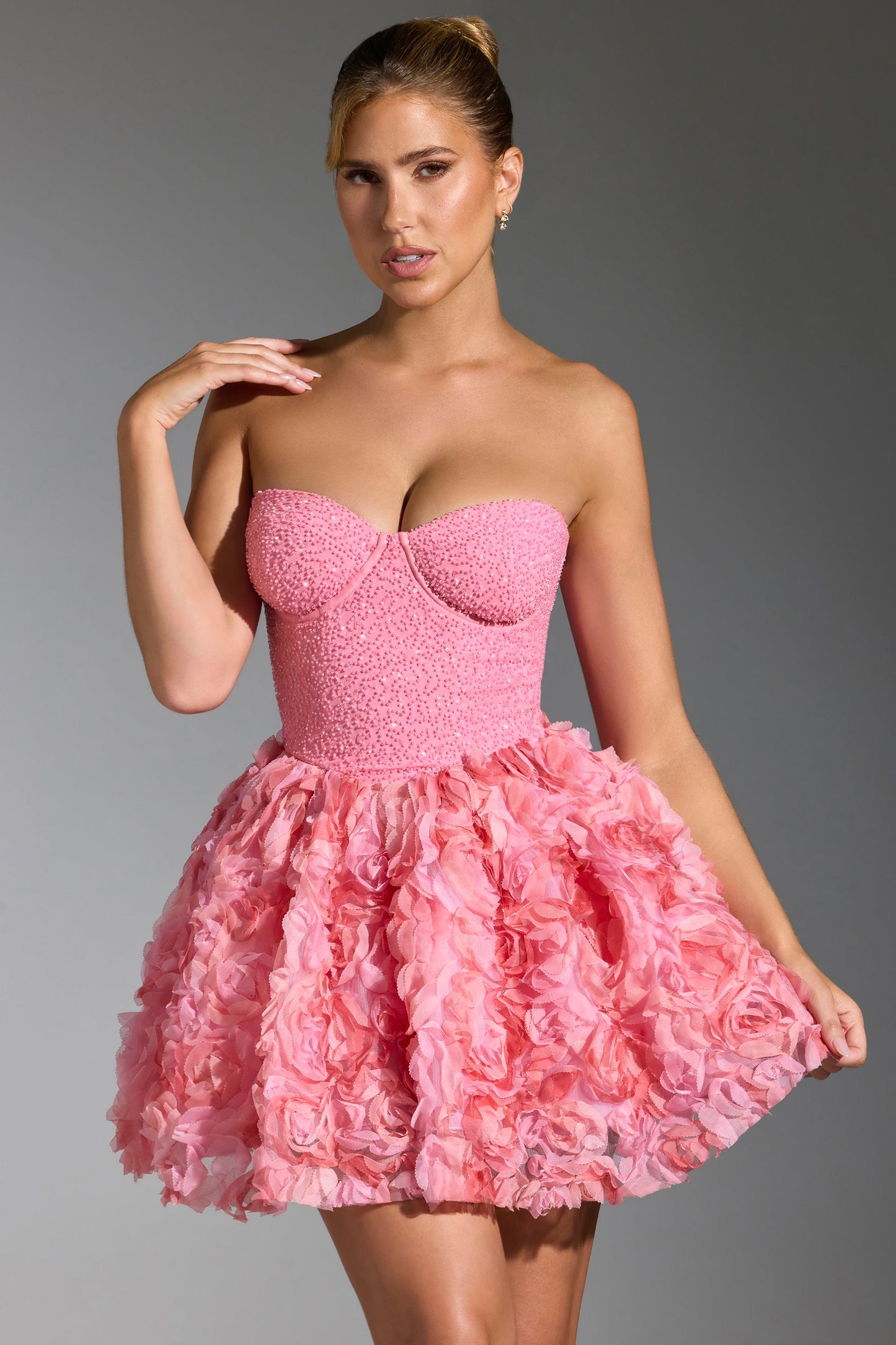 Embellished Floral-Appliqu�� Lace-Up Mini Dress in Pink