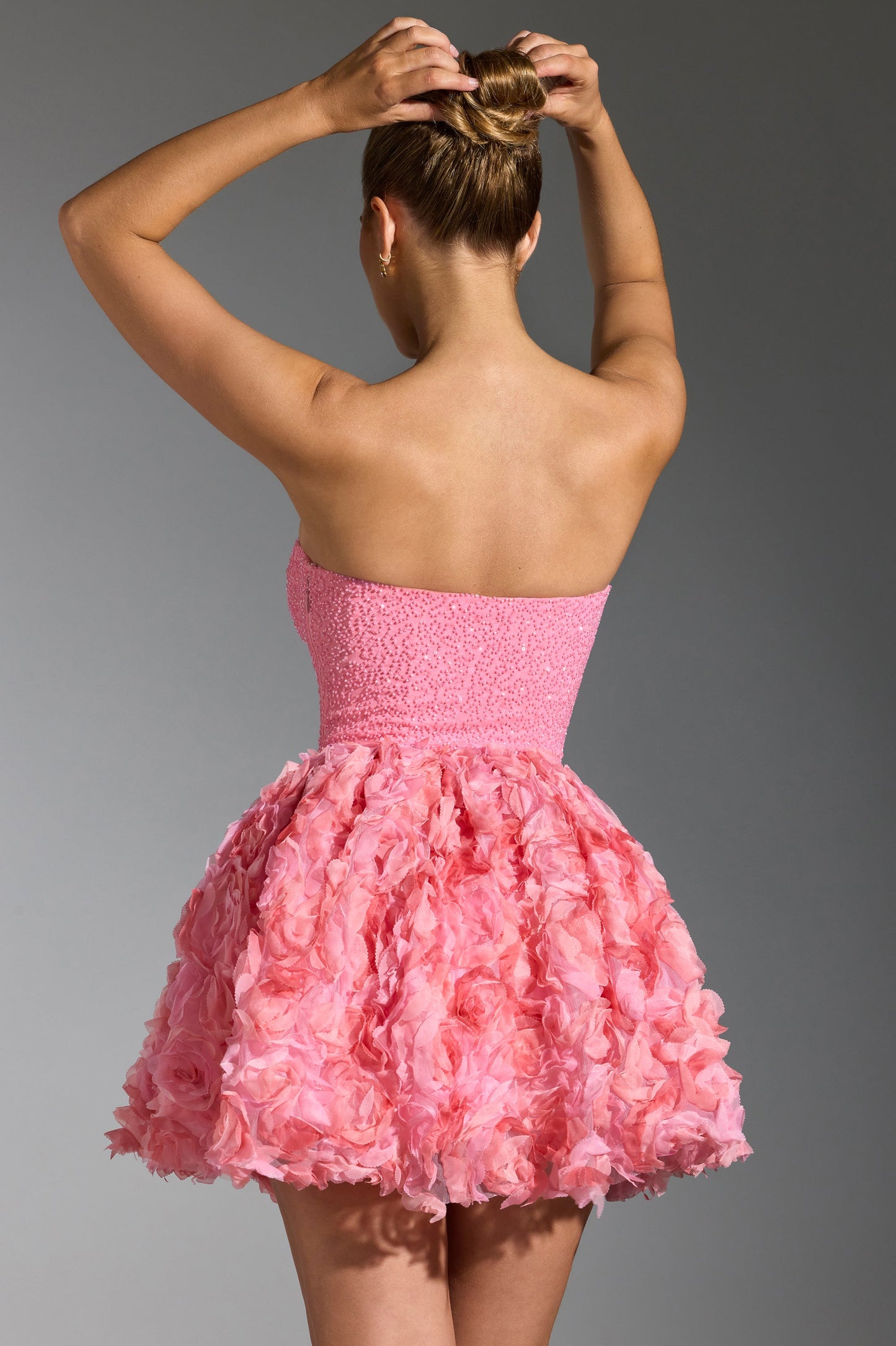 Embellished Floral-Appliqu�� Lace-Up Mini Dress in Pink