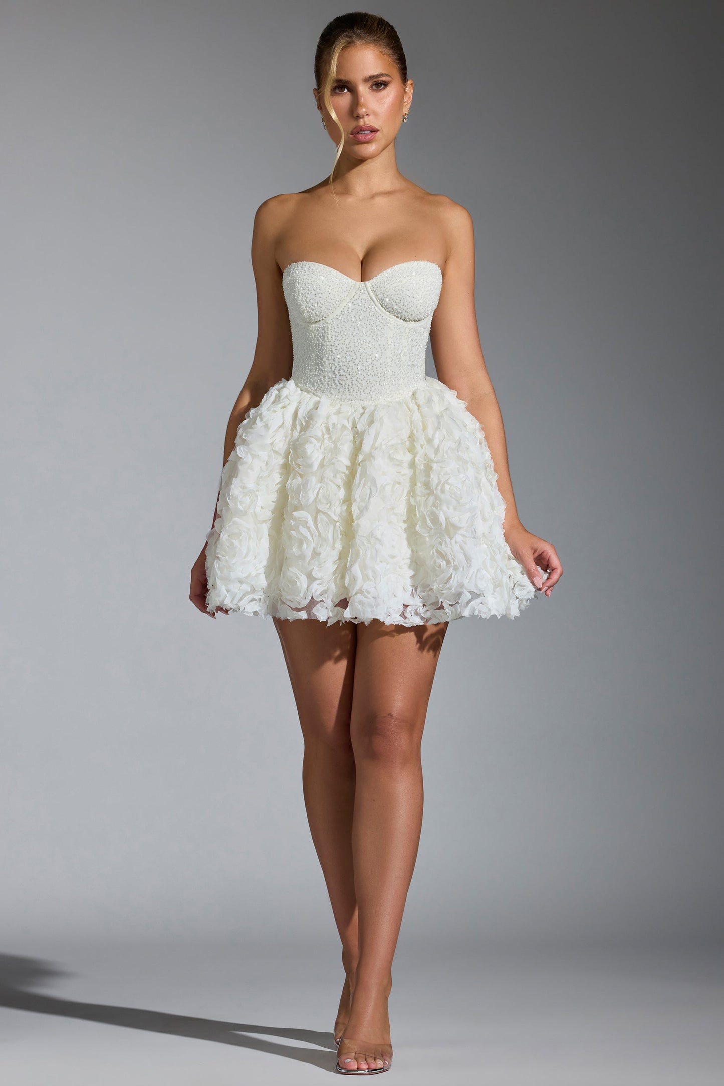 Embellished Floral-Appliqu�� Lace-Up Mini Dress in White