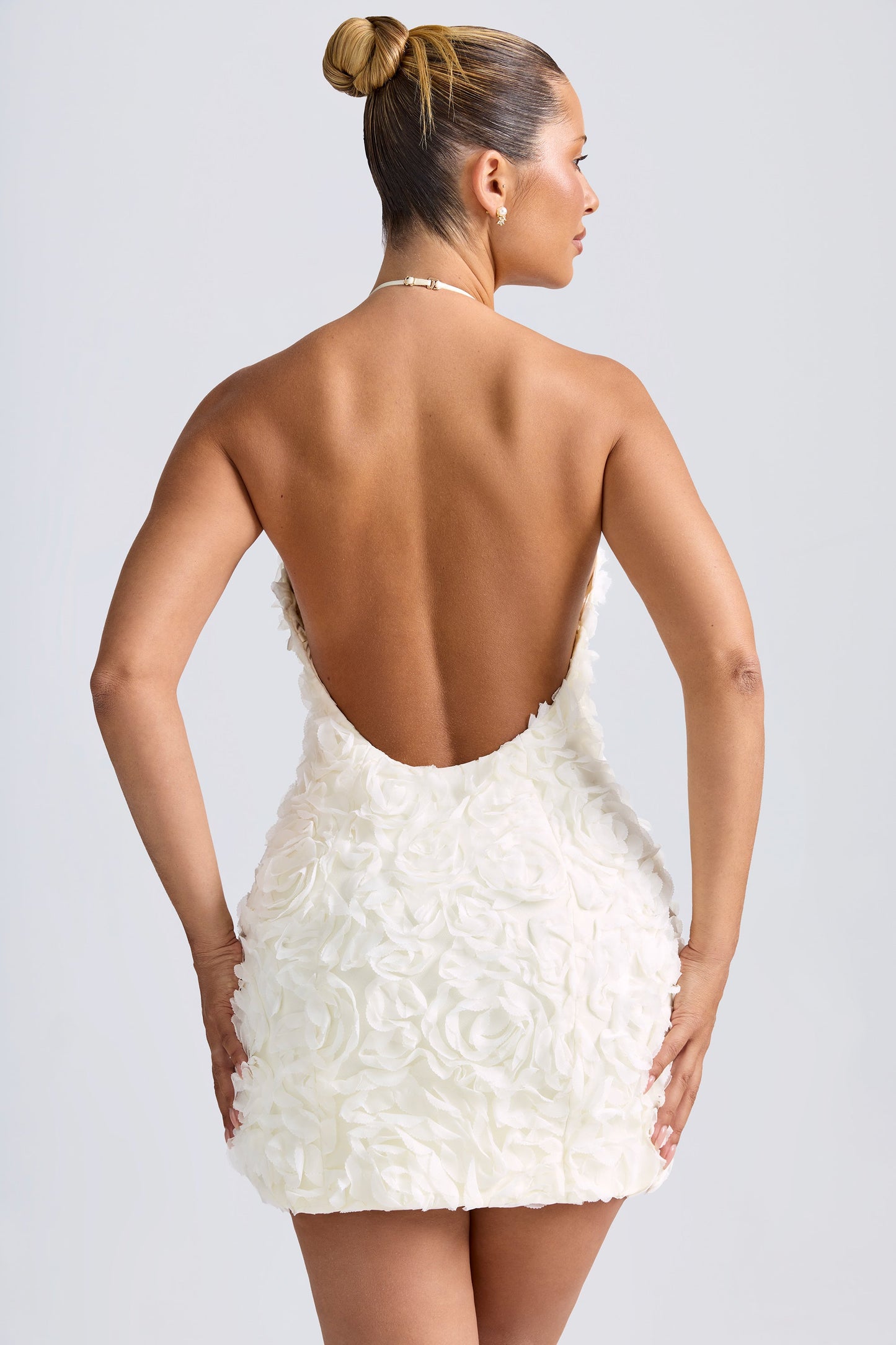 Floral-Appliqu�� Halterneck A-Line Mini Dress in White