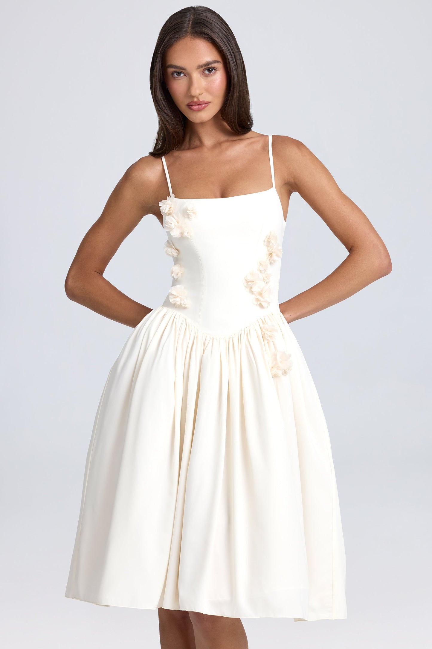 Floral-Appliqu�� Midi Dress in Ivory