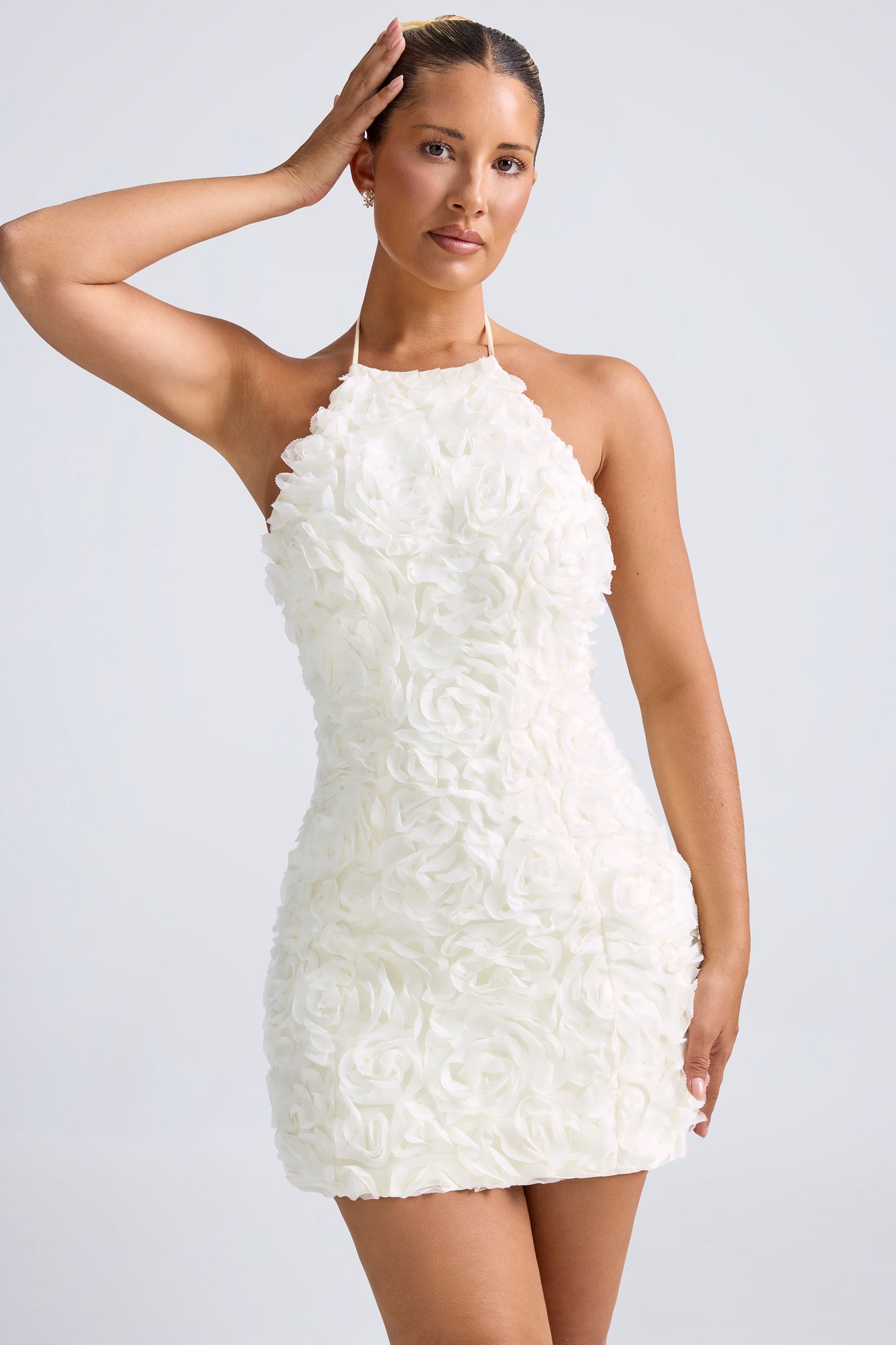 Floral-Appliqu�� Halterneck A-Line Mini Dress in White
