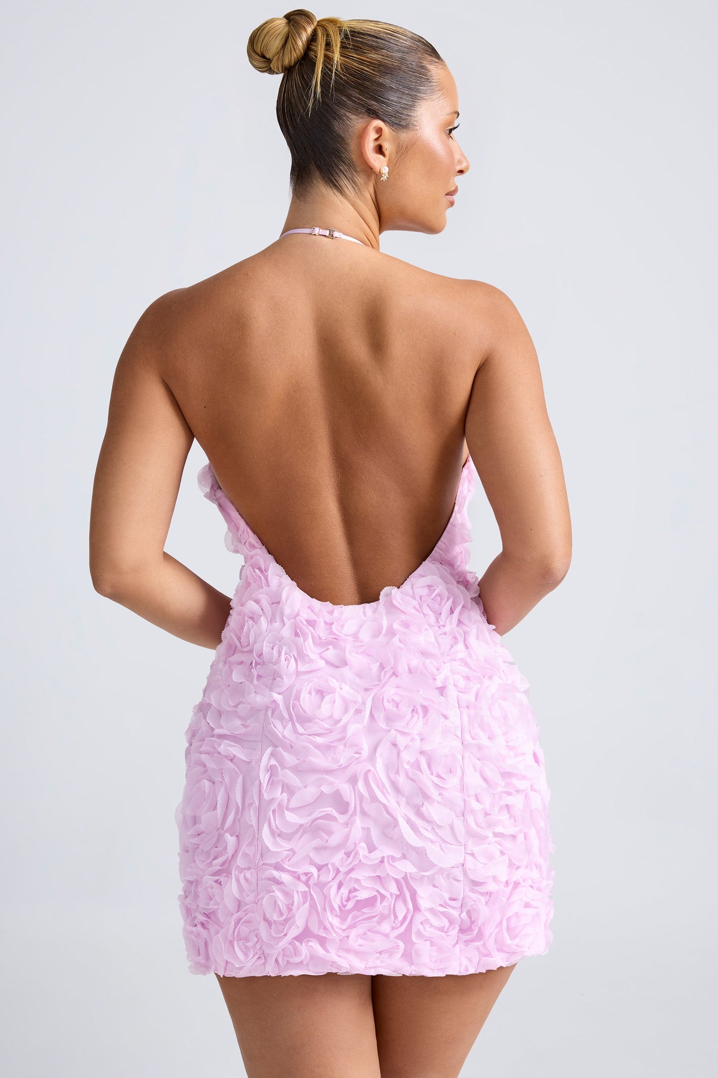 Floral-Appliqu�� Halterneck A-Line Mini Dress in Lilac