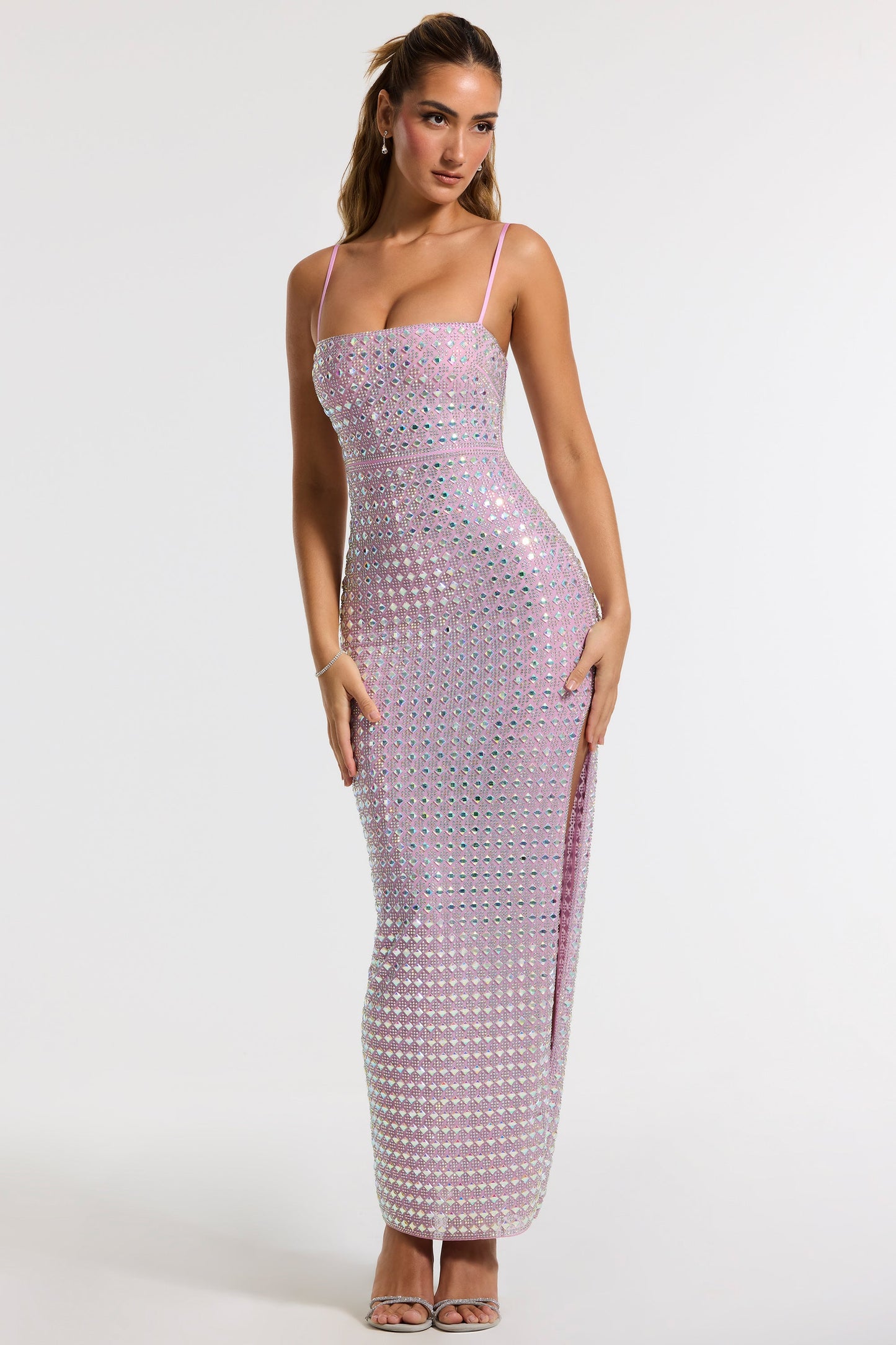 Embellished Square Neck Evening Gown in Lilac
