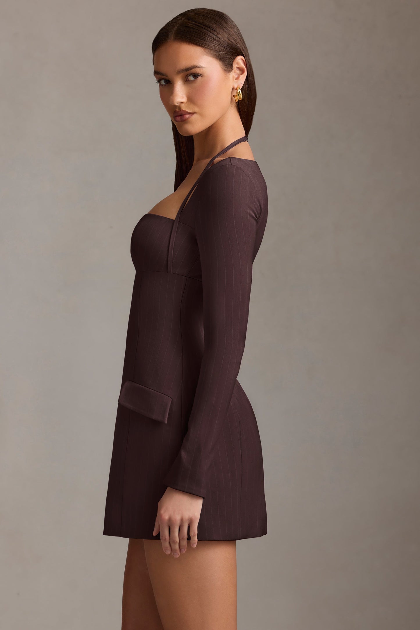 Pinstripe Structured A-Line Mini Dress in Chocolate Brown