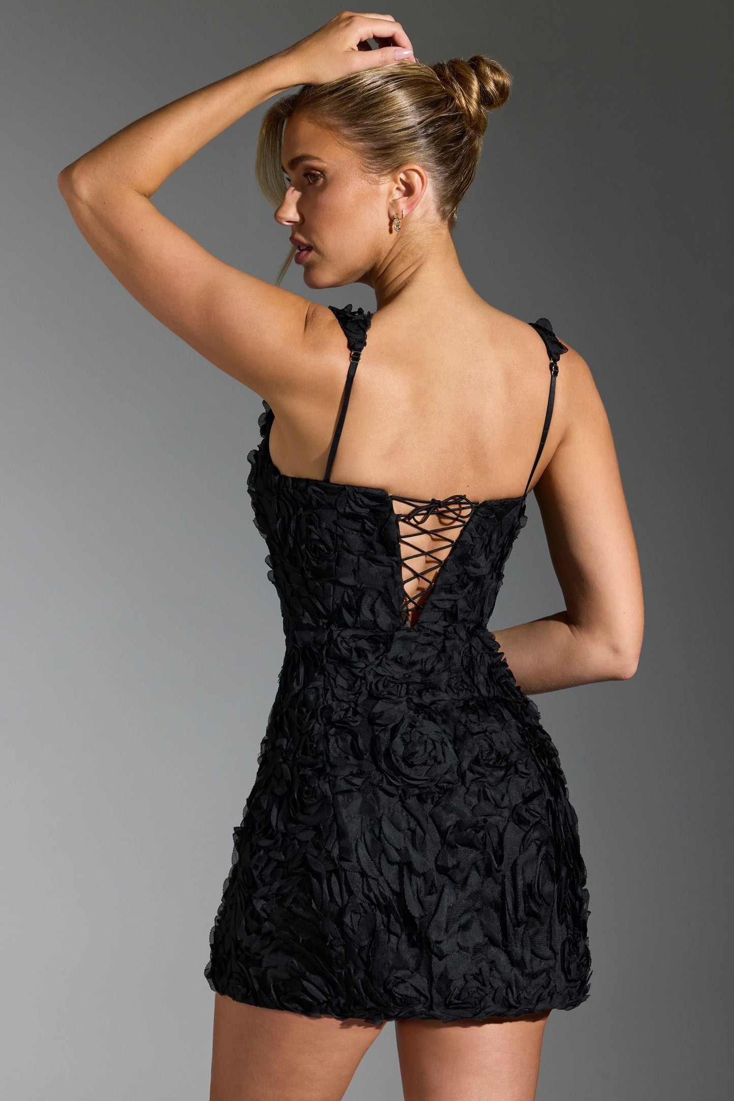 Floral-Appliqu�� Corset Mini Dress in Black