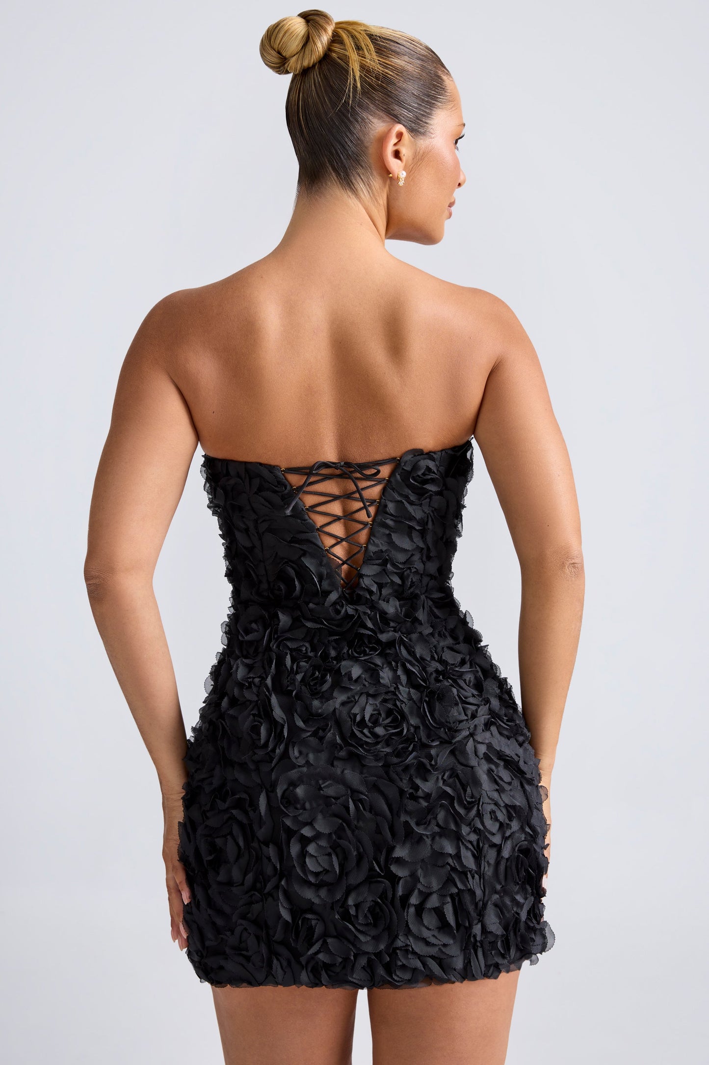 Floral-Appliqu�� Bandeau A-Line Mini Dress in Black