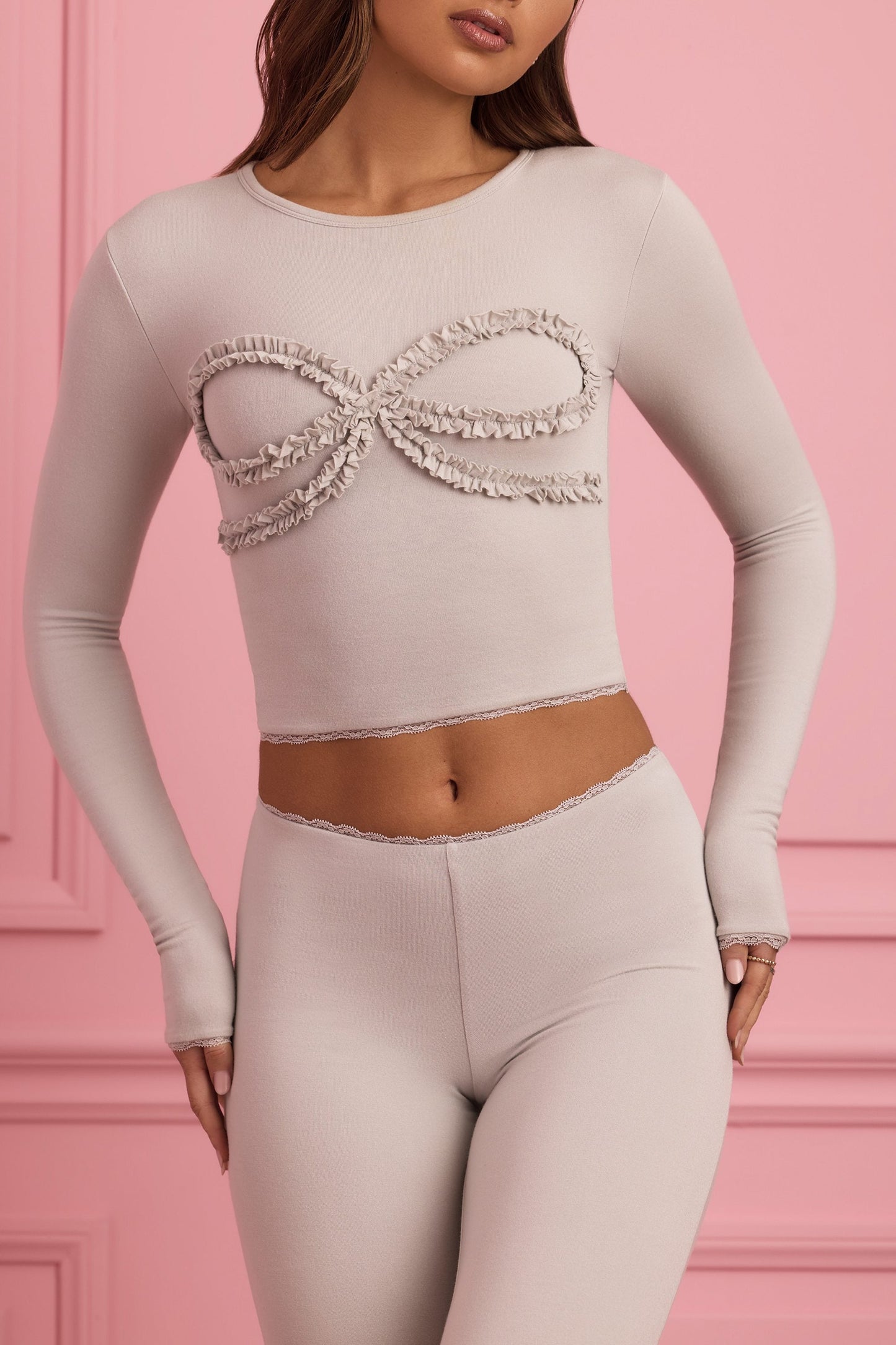 Lace-Trim Appliqu�� Pyjama Top in Cloud Grey