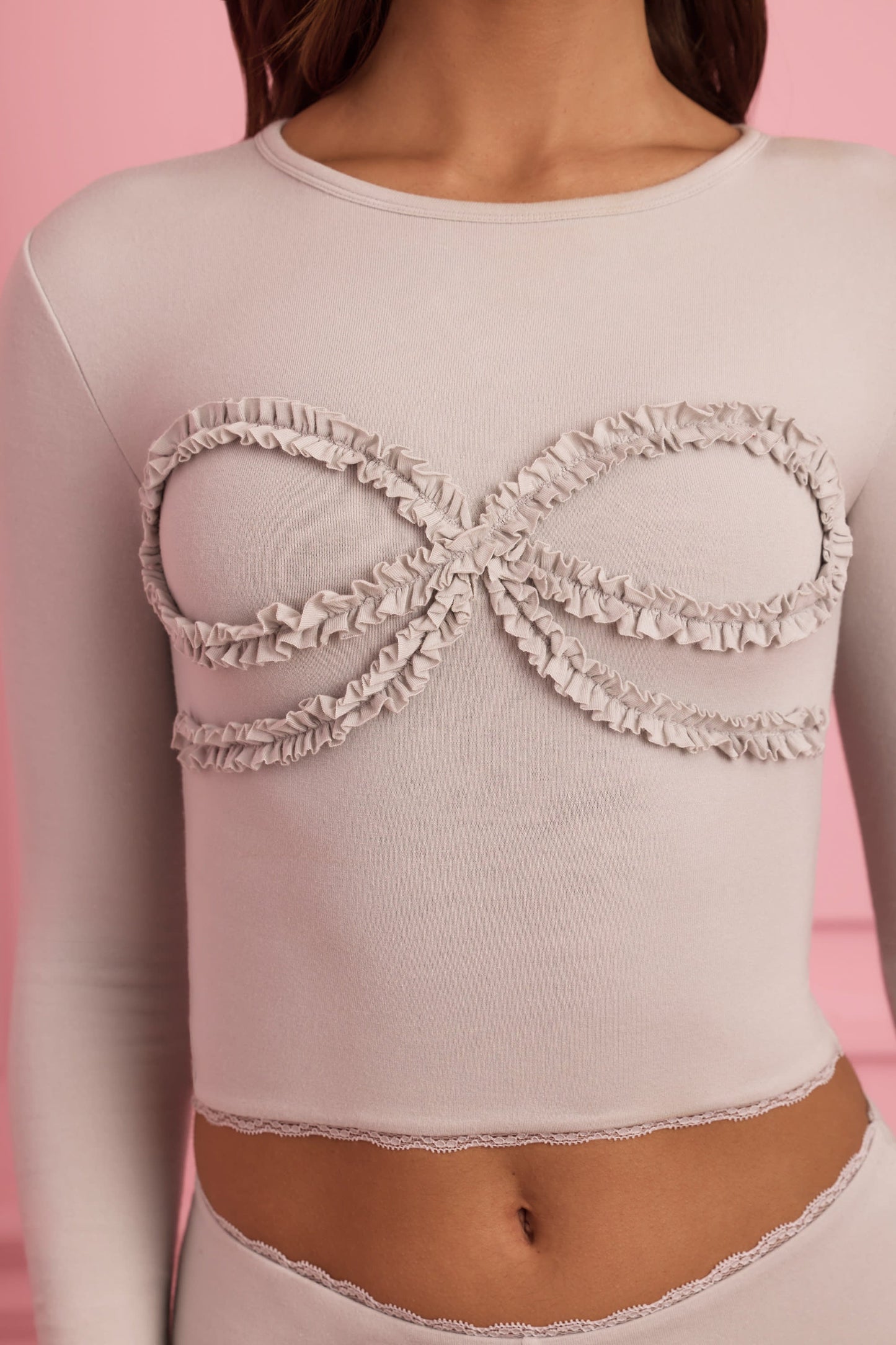 Lace-Trim Appliqu�� Pyjama Top in Cloud Grey