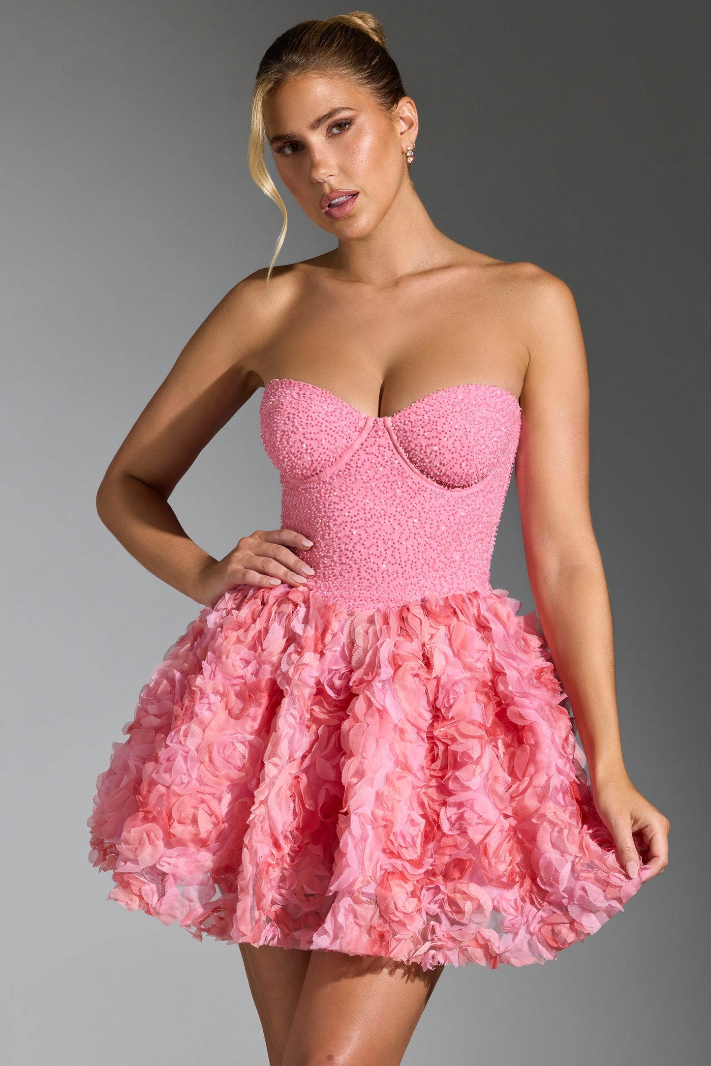 Embellished Floral-Appliqu�� Lace-Up Mini Dress in Pink