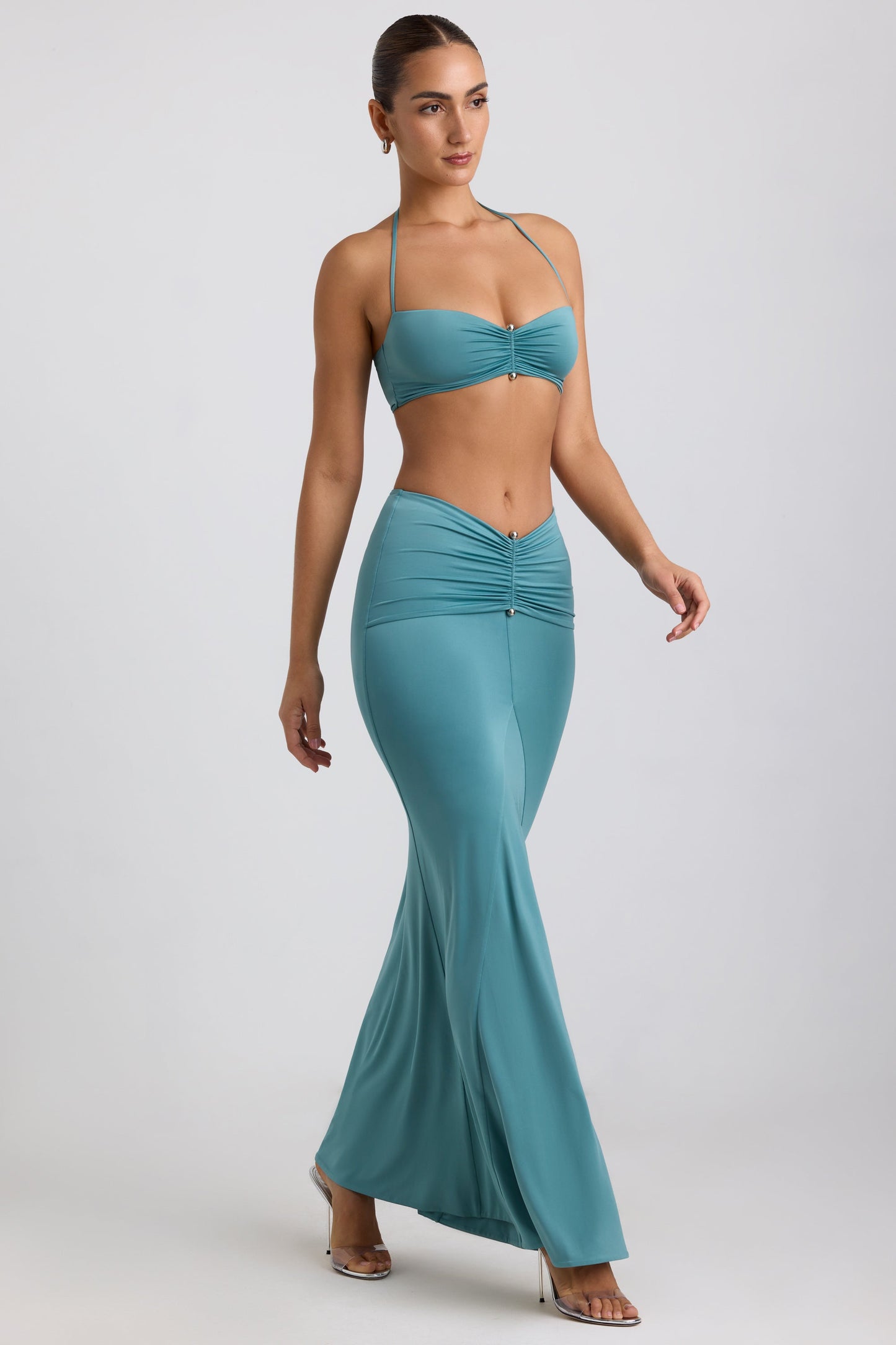 Slinky Jersey Hardware Detail Halterneck Bralette in Sea Green