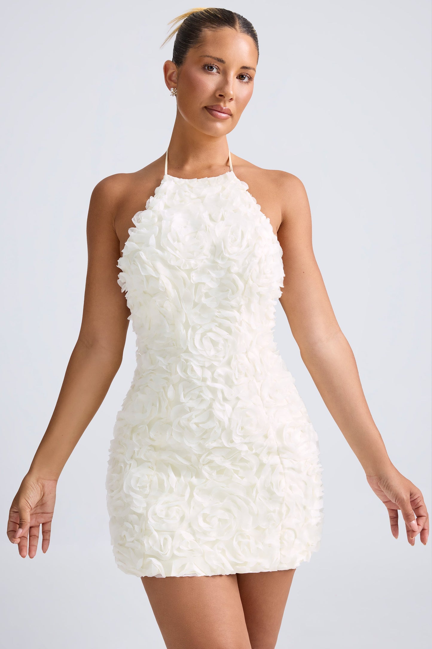 Floral-Appliqu�� Halterneck A-Line Mini Dress in White