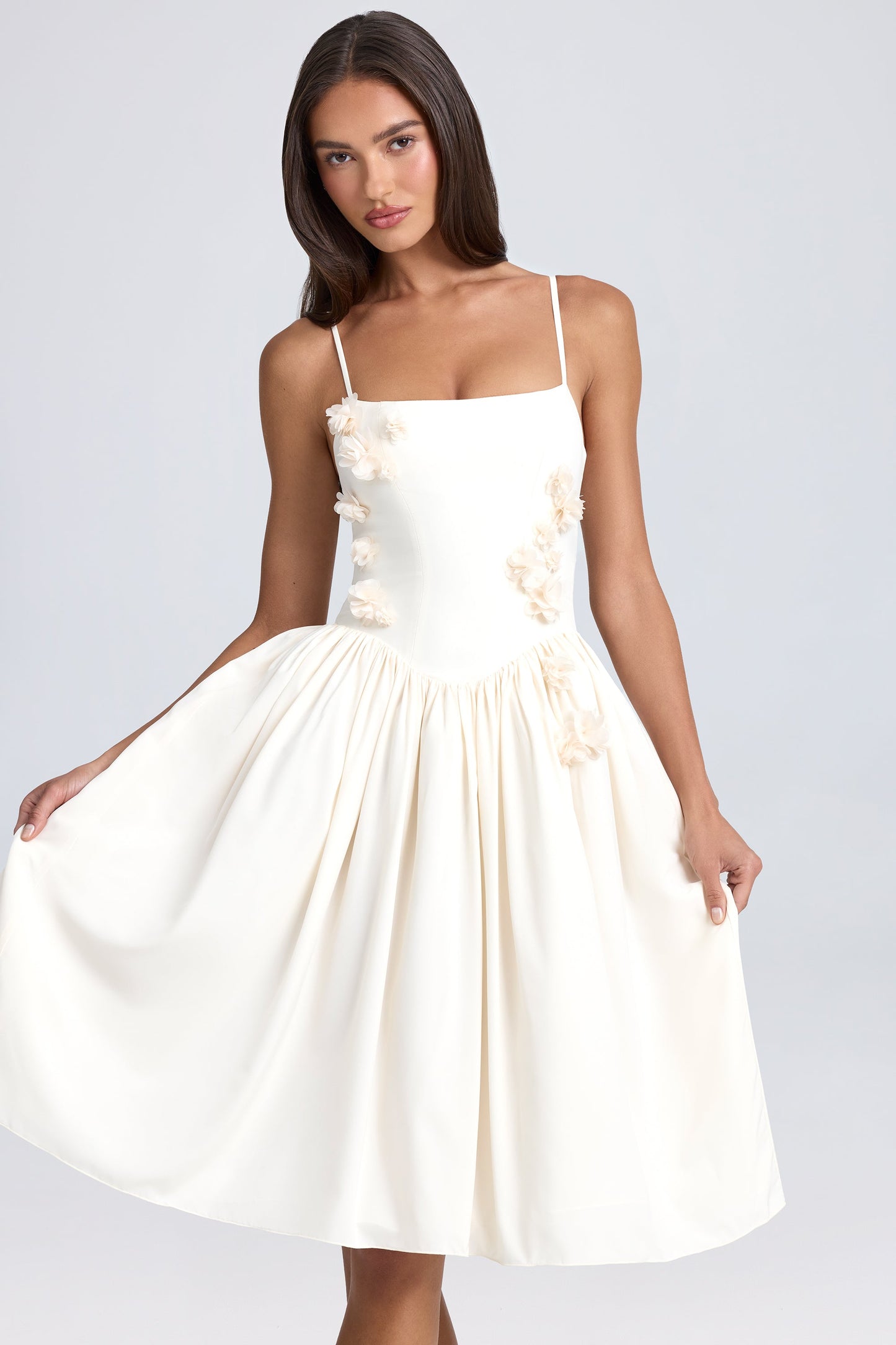 Floral-Appliqu�� Midi Dress in Ivory