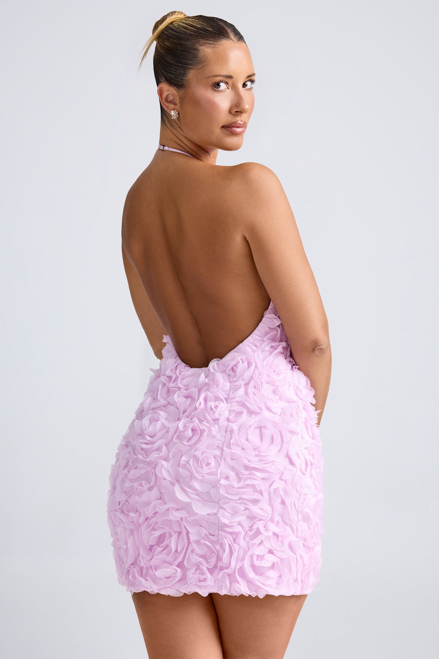 Floral-Appliqu�� Halterneck A-Line Mini Dress in Lilac