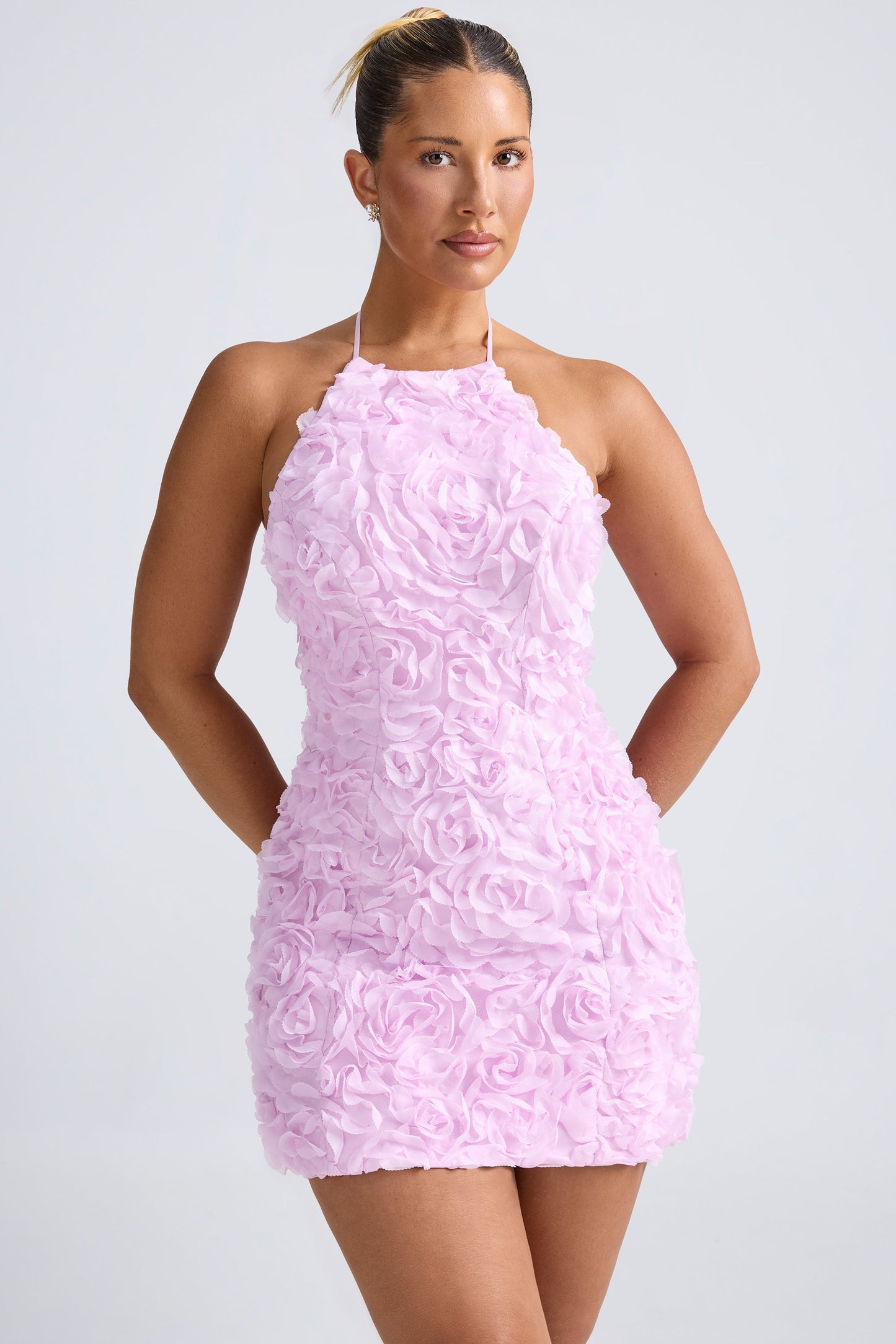 Floral-Appliqu�� Halterneck A-Line Mini Dress in Lilac
