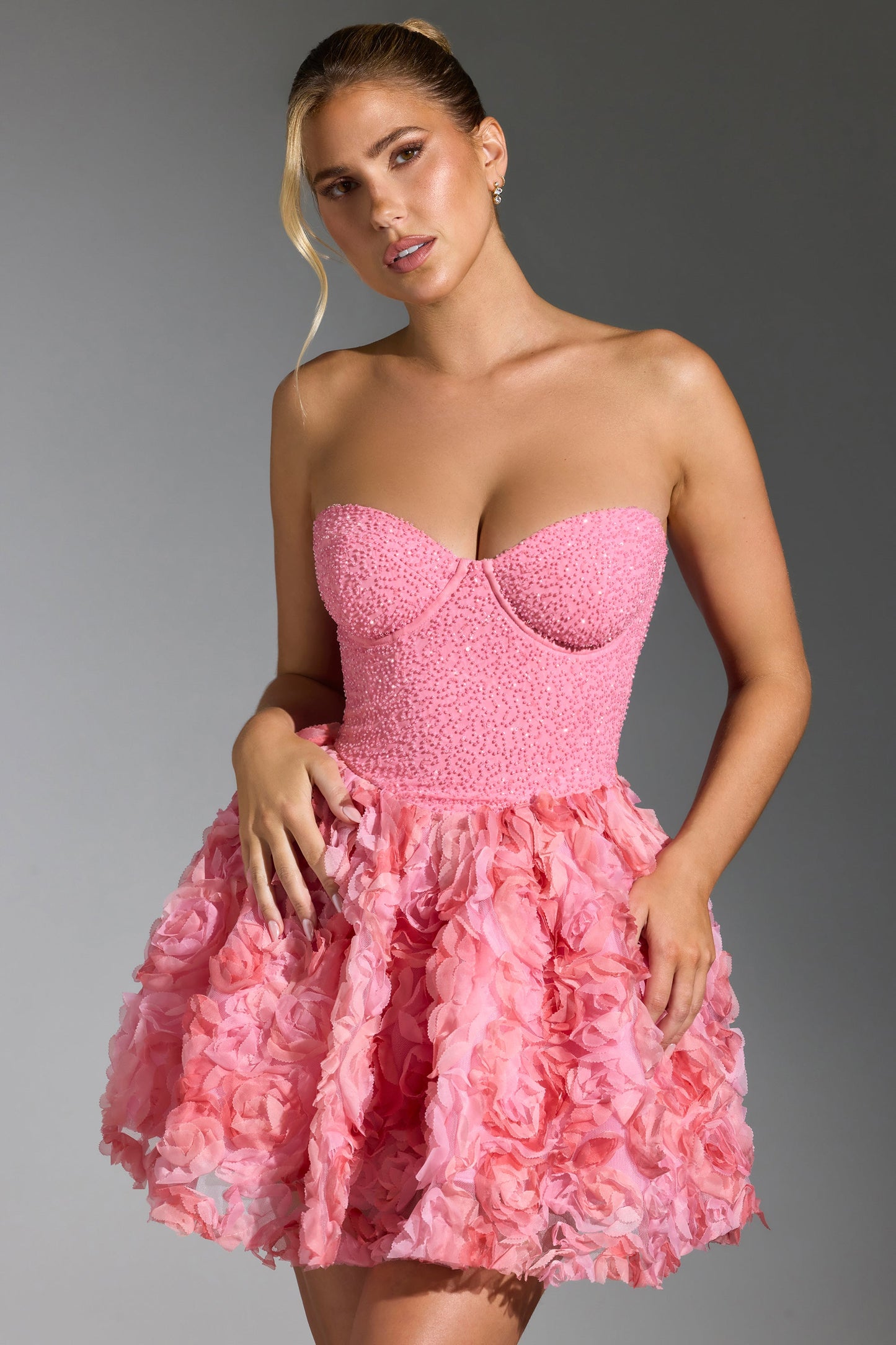 Embellished Floral-Appliqu�� Lace-Up Mini Dress in Pink