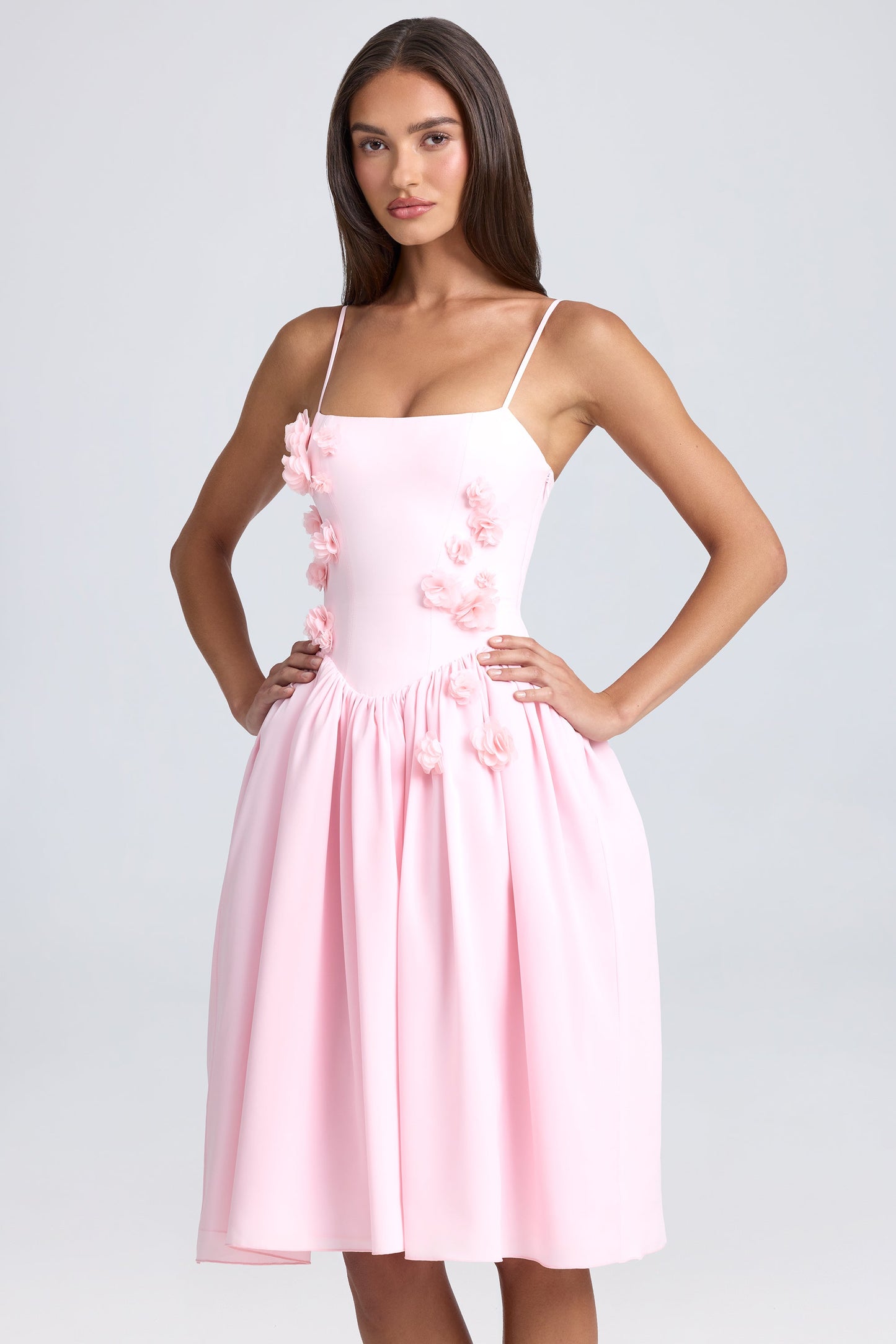 Floral-Appliqu�� Midi Dress in Blush
