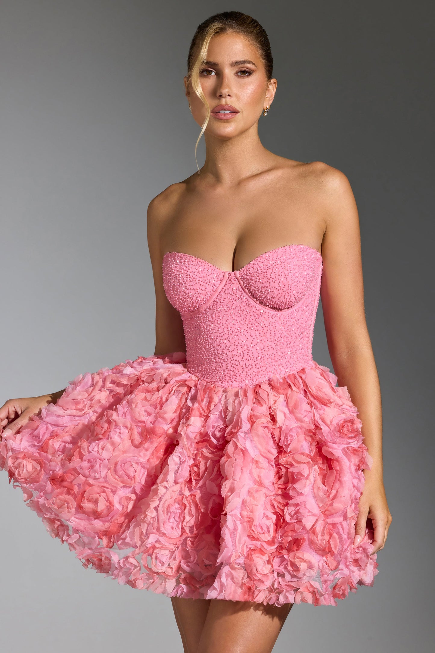 Embellished Floral-Appliqu�� Lace-Up Mini Dress in Pink