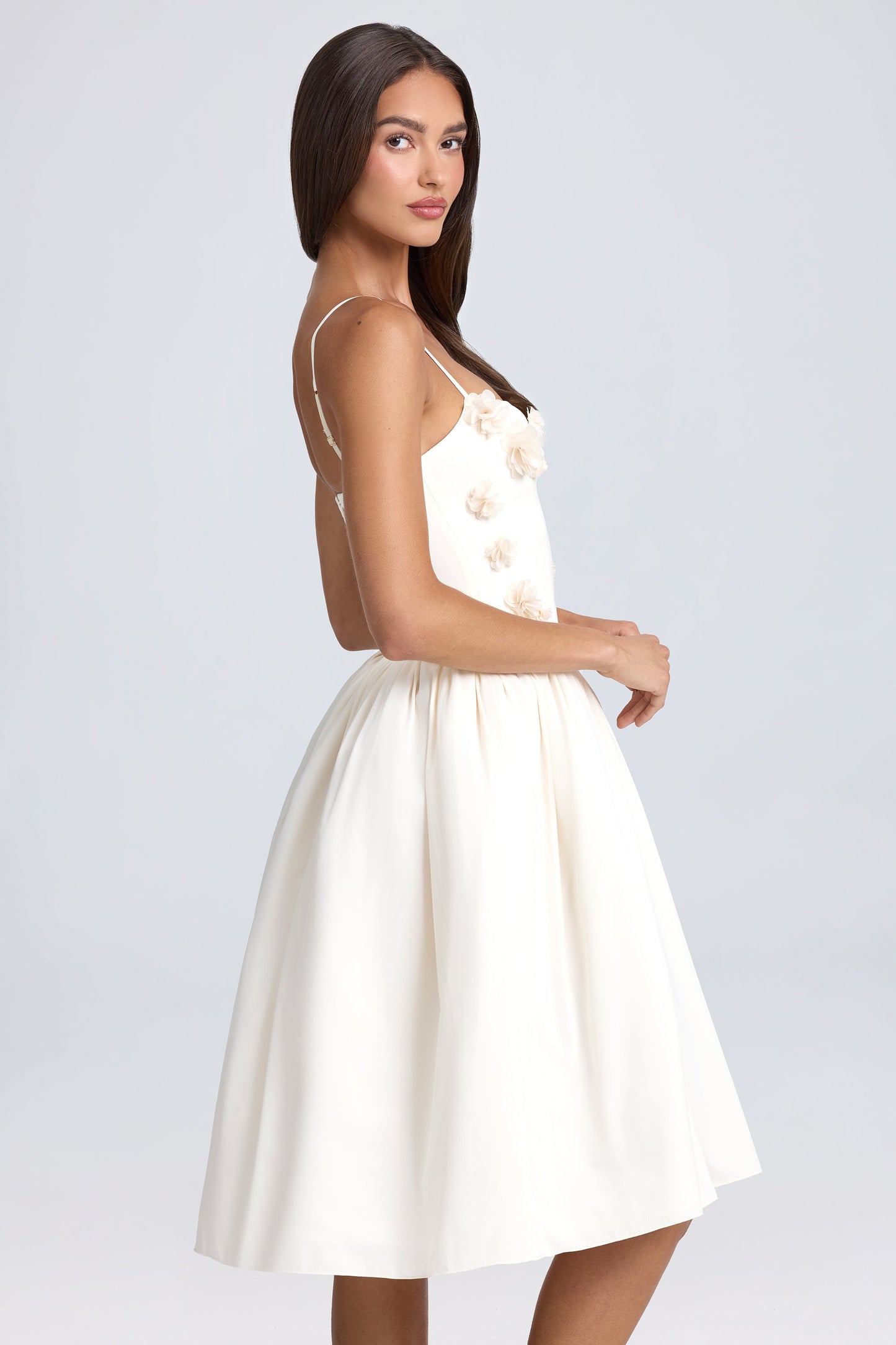 Floral-Appliqu�� Midi Dress in Ivory