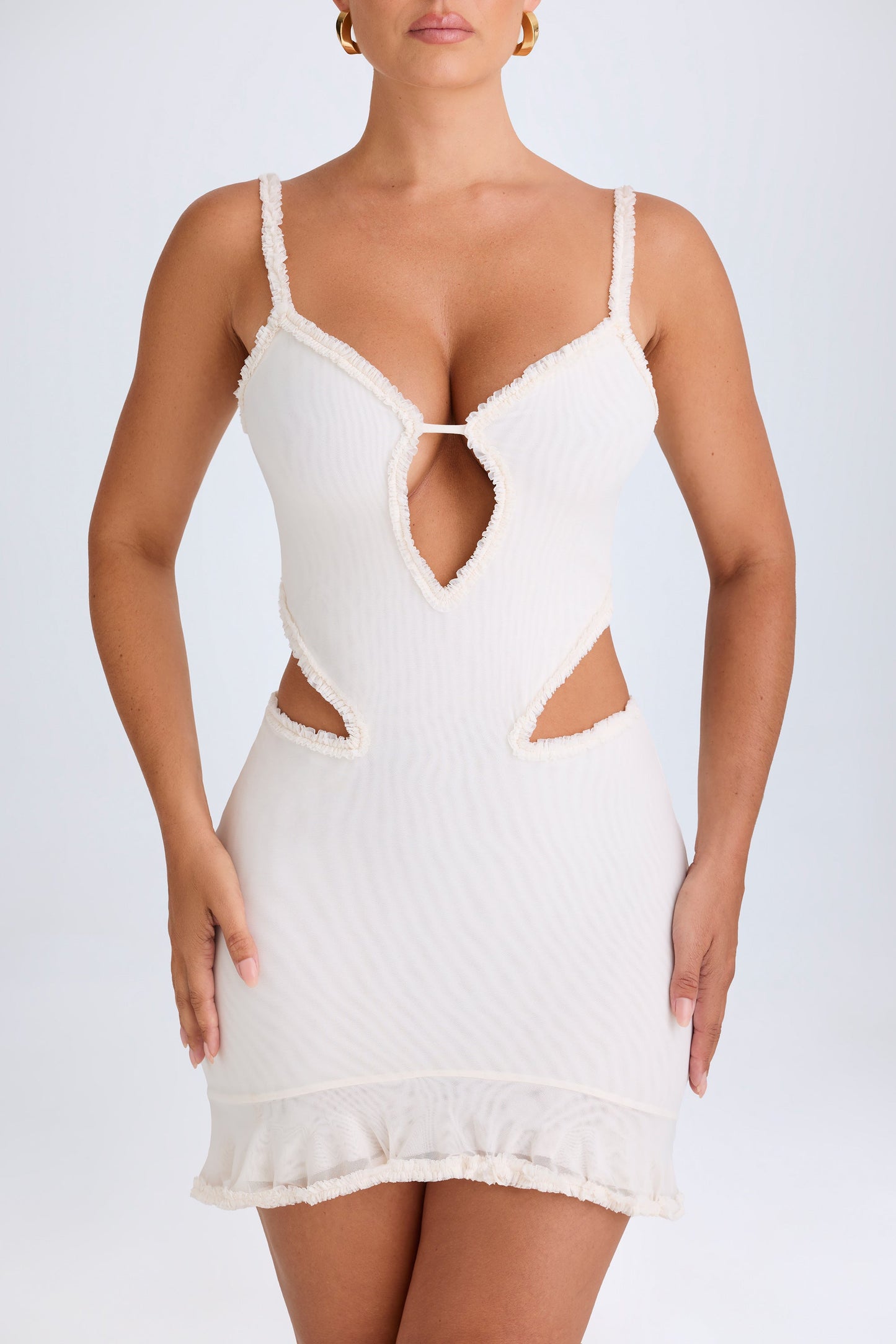 Ruffle-Appliqu�� Cut-Out Mini Dress in White