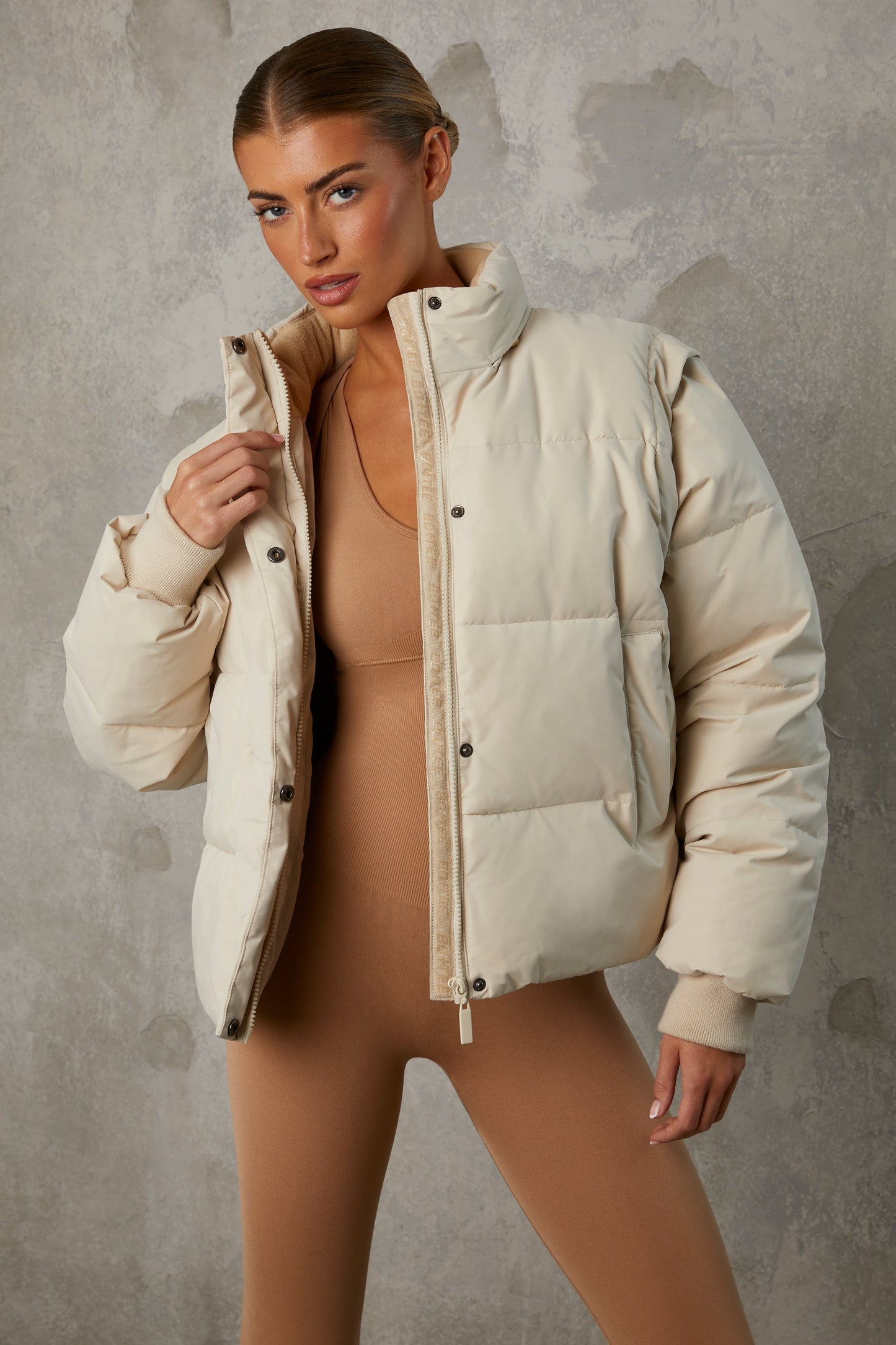 Cropped Puffer Jacket with Detachable Sleeves in Sand
