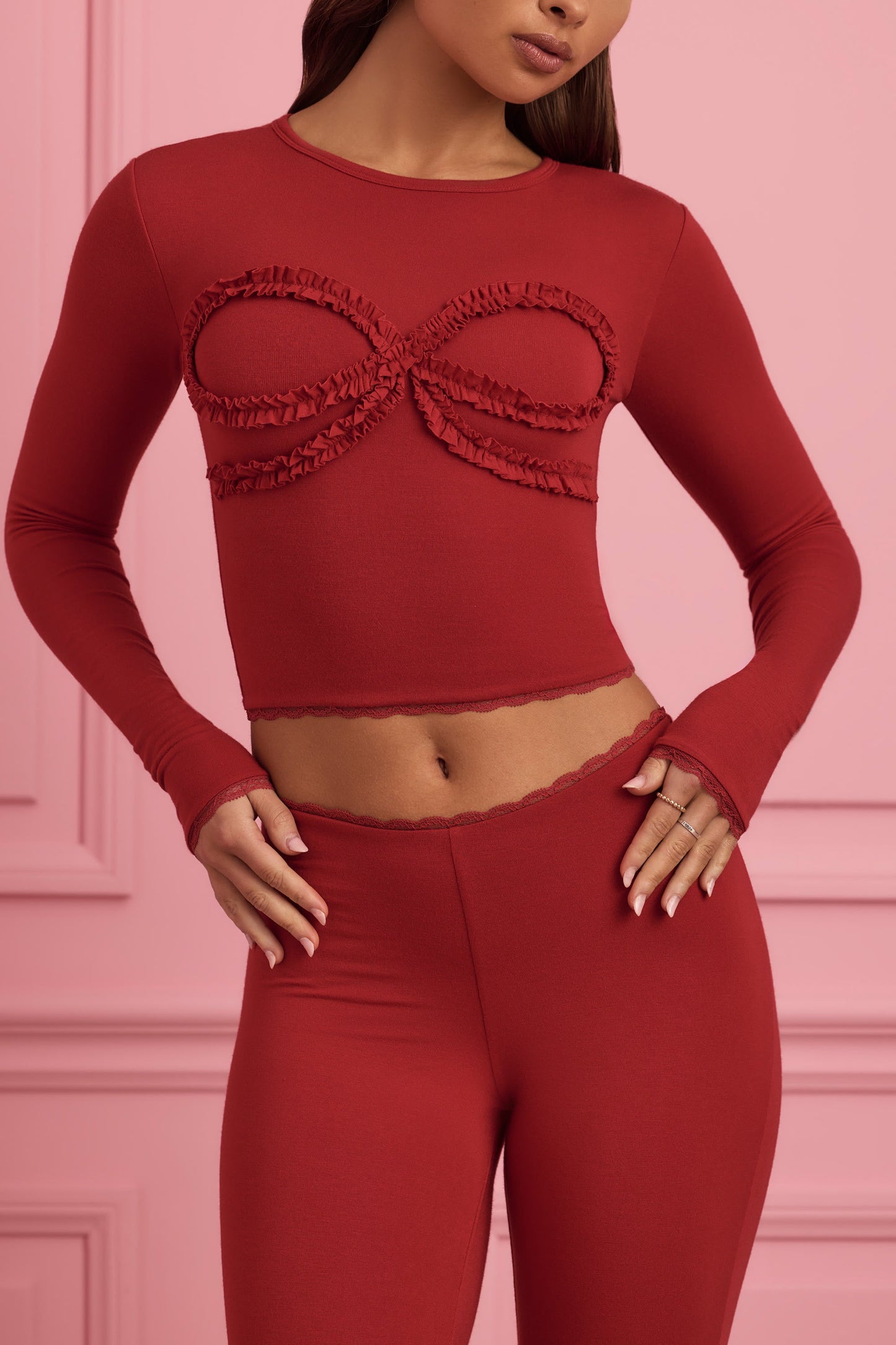 Lace-Trim Appliqu�� Pyjama Top in Ruby Red