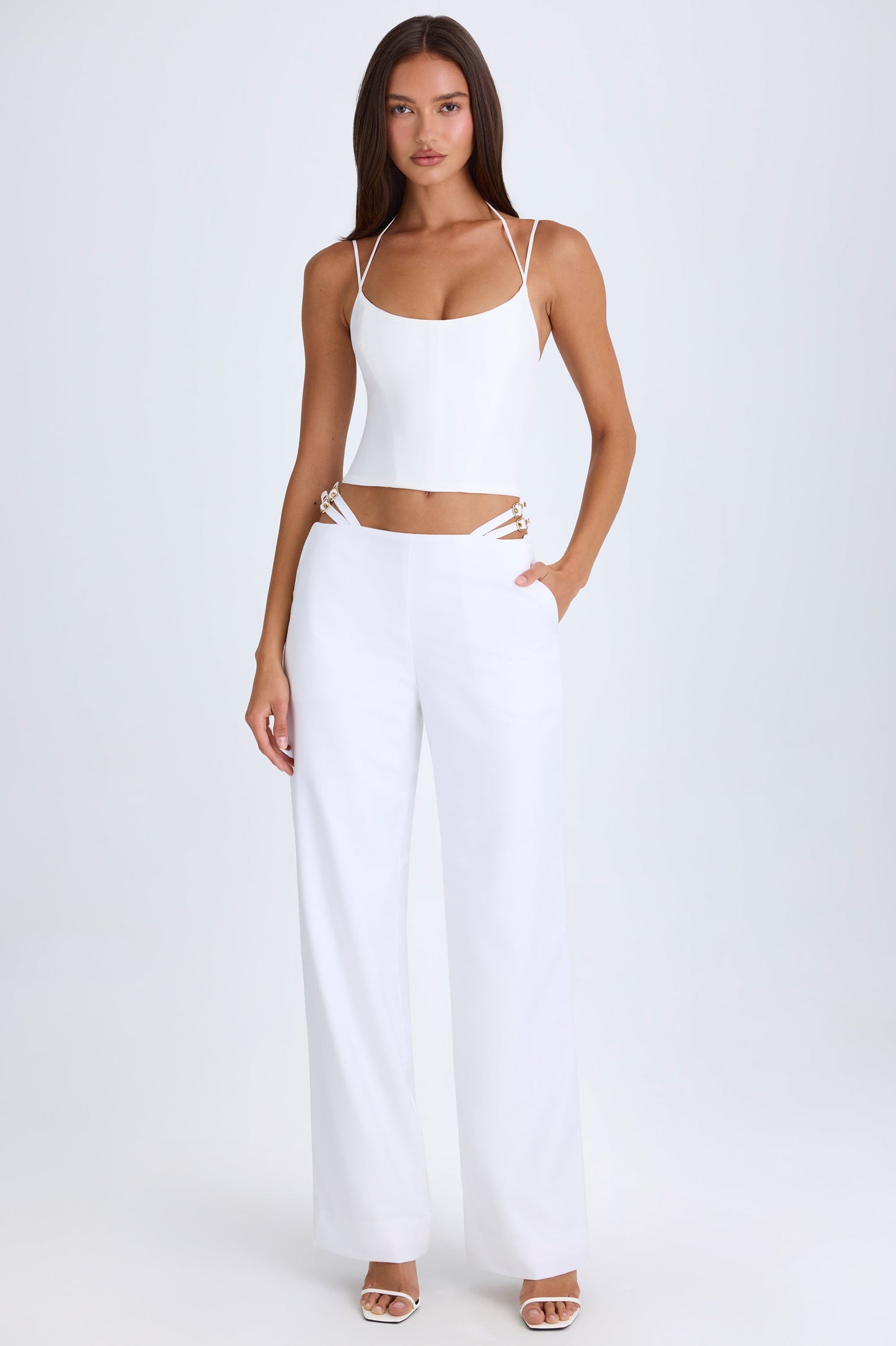 Tall Belted Cut-Out Wide-Leg Trousers in White