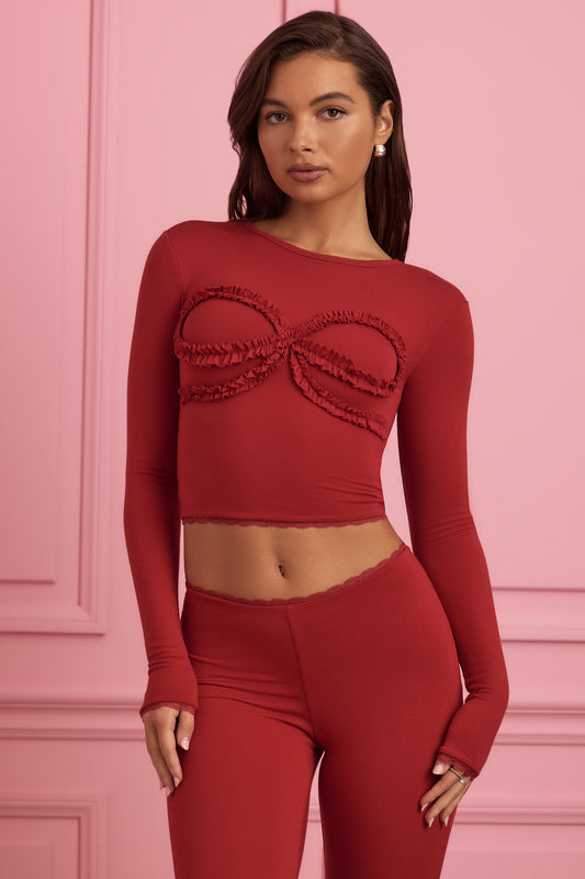 Lace-Trim Appliqu�� Pyjama Top in Ruby Red