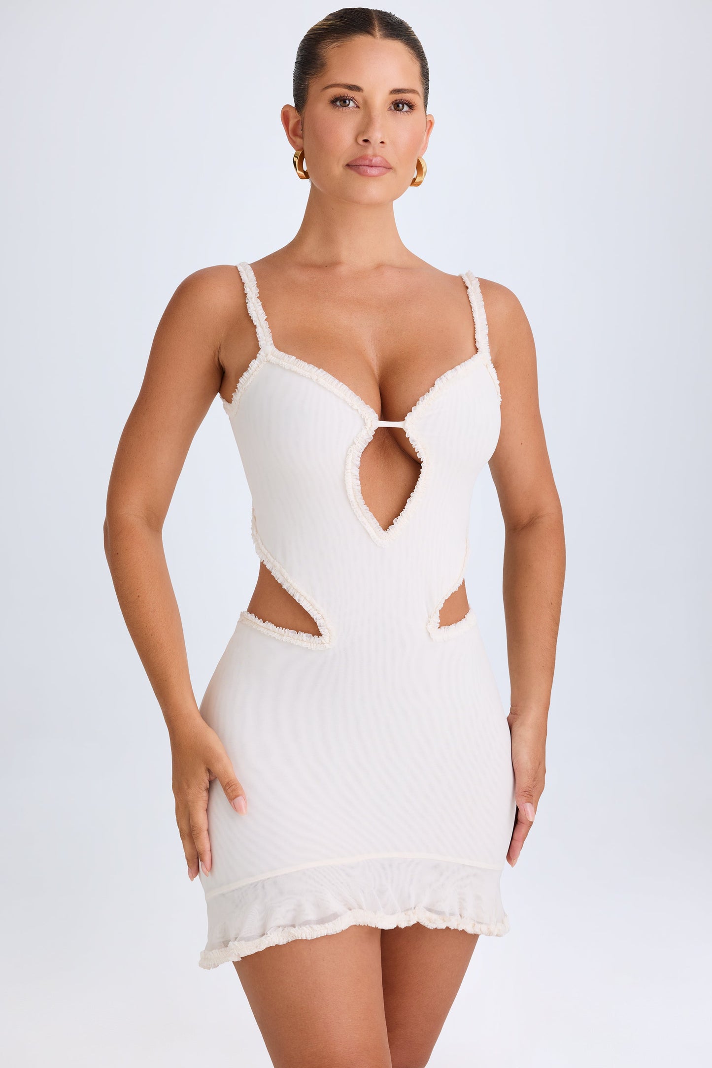 Ruffle-Appliqu�� Cut-Out Mini Dress in White