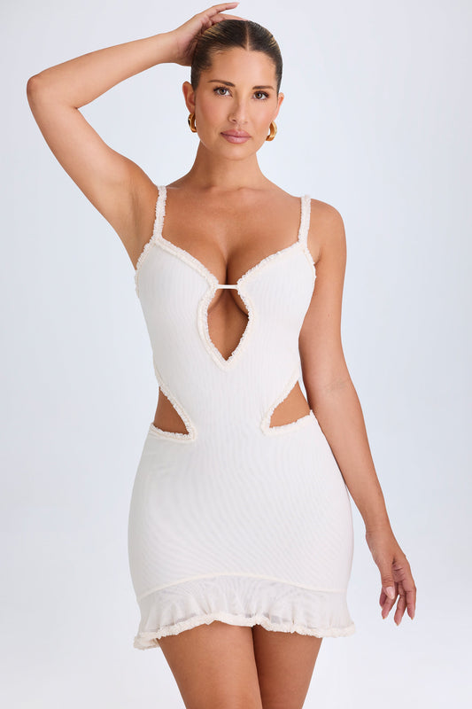Ruffle-Appliqu�� Cut-Out Mini Dress in White