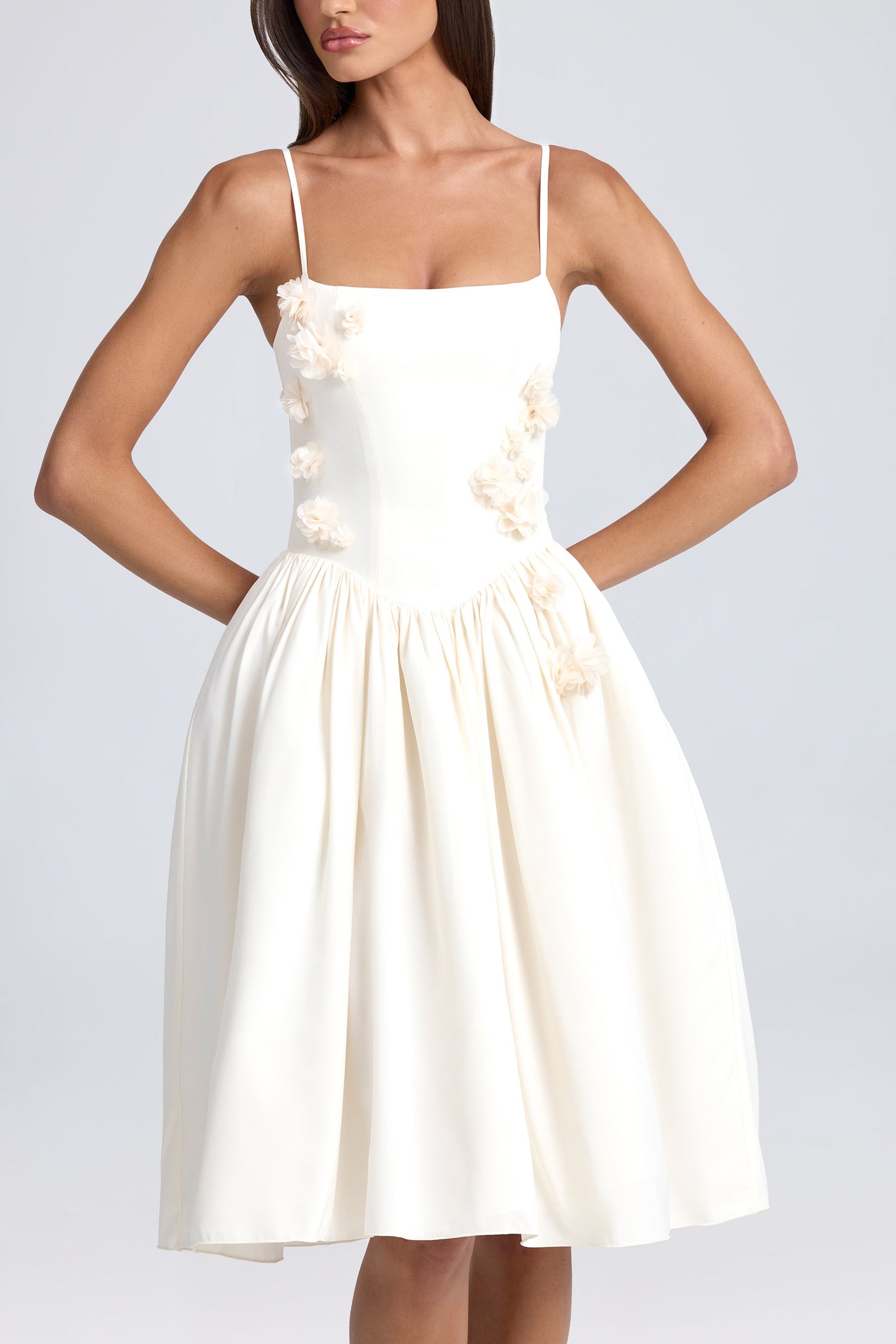 Floral-Appliqu�� Midi Dress in Ivory