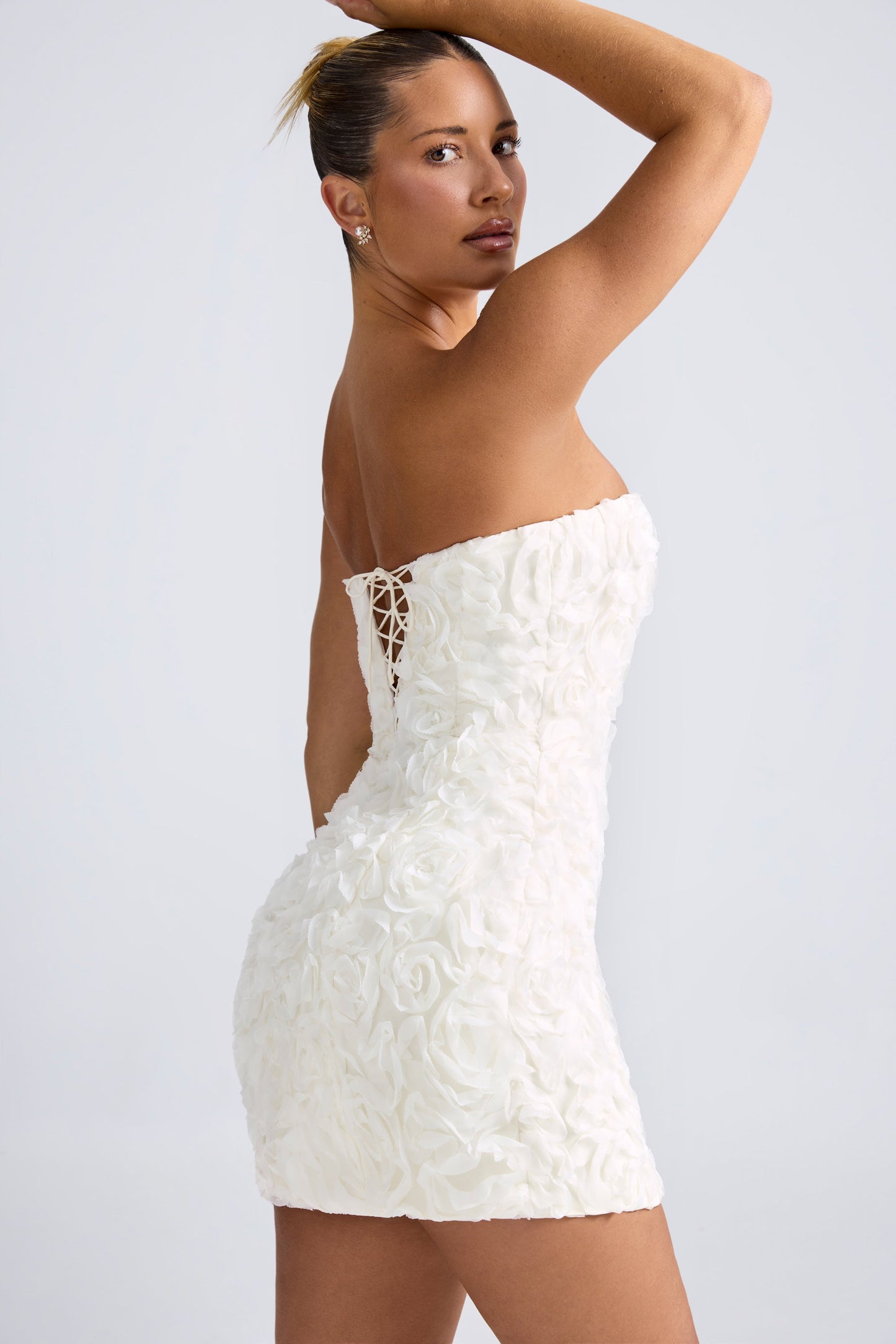 Floral-Appliqu�� Bandeau A-Line Mini Dress in White
