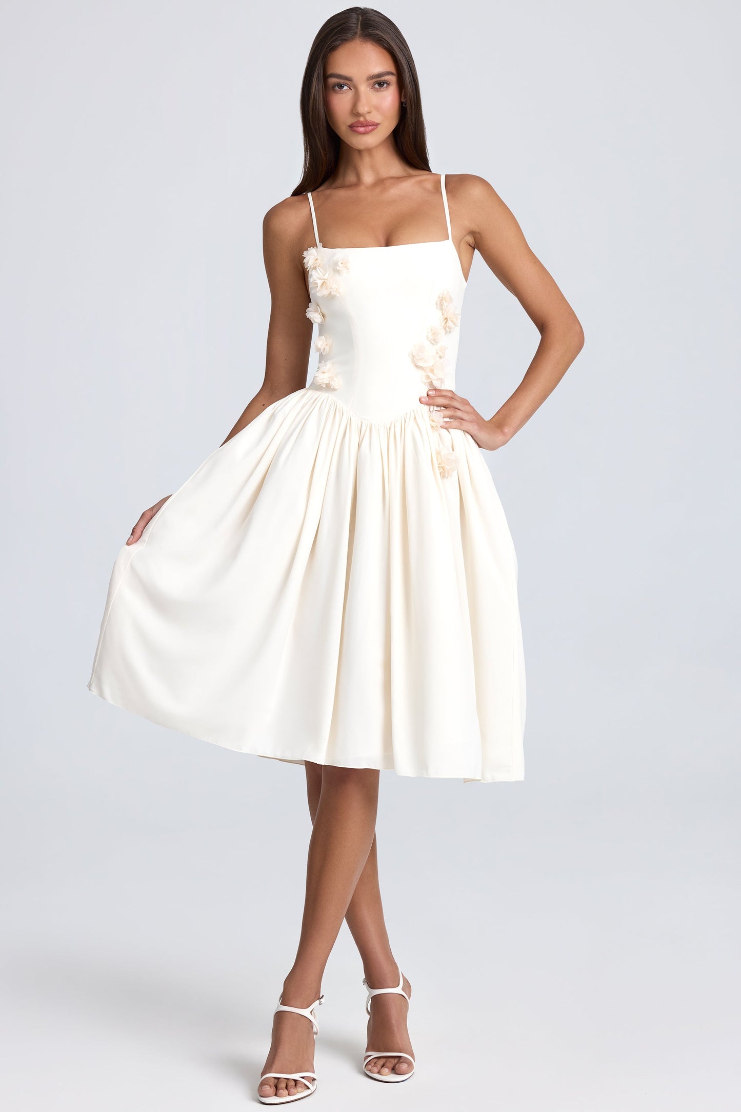 Floral-Appliqu�� Midi Dress in Ivory