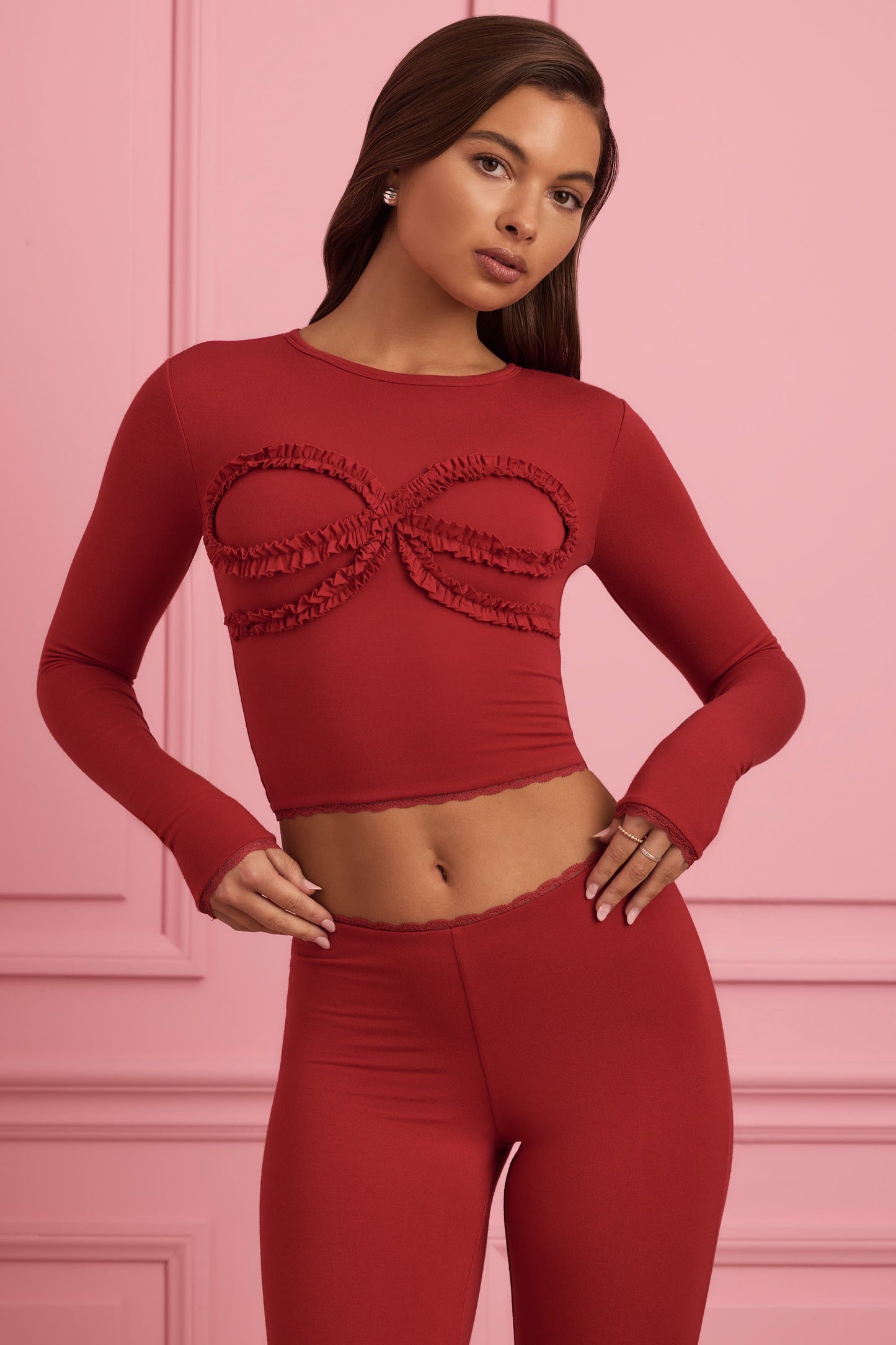 Lace-Trim Appliqu�� Pyjama Top in Ruby Red