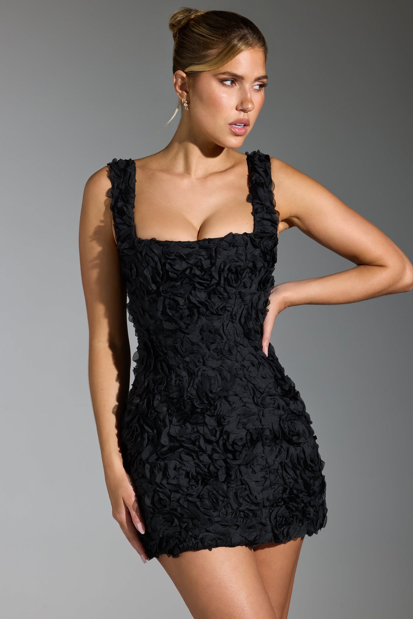 Floral-Appliqu�� Corset Mini Dress in Black