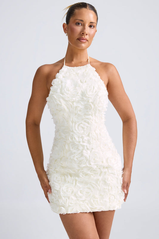 Floral-Appliqu�� Halterneck A-Line Mini Dress in White