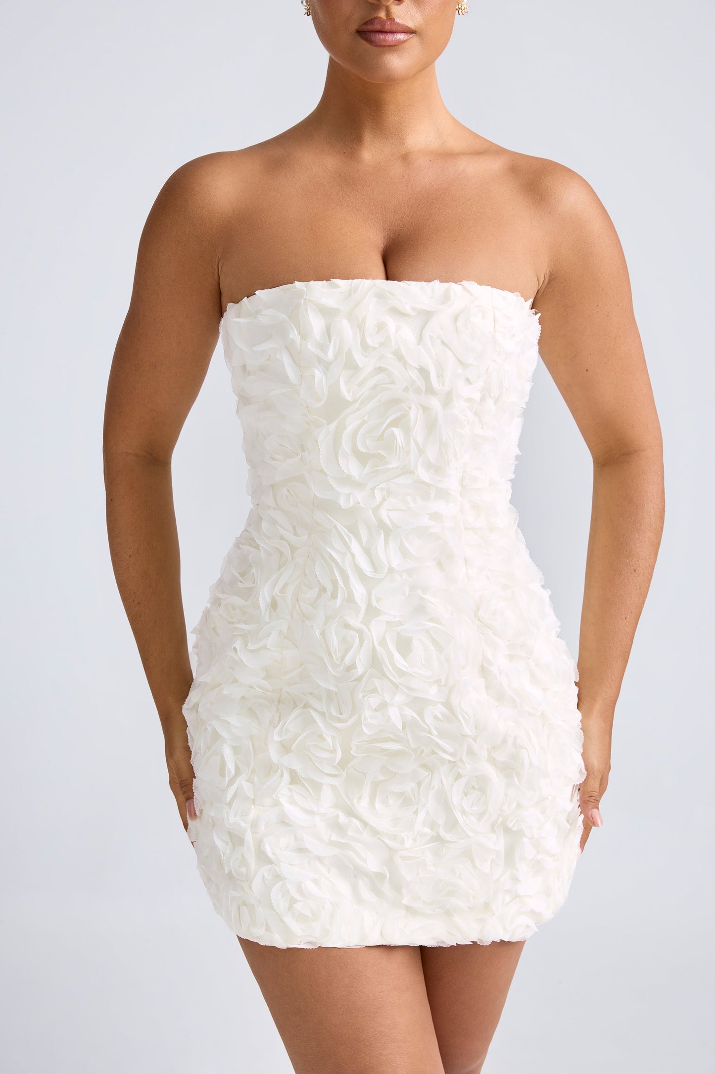 Floral-Appliqu�� Bandeau A-Line Mini Dress in White
