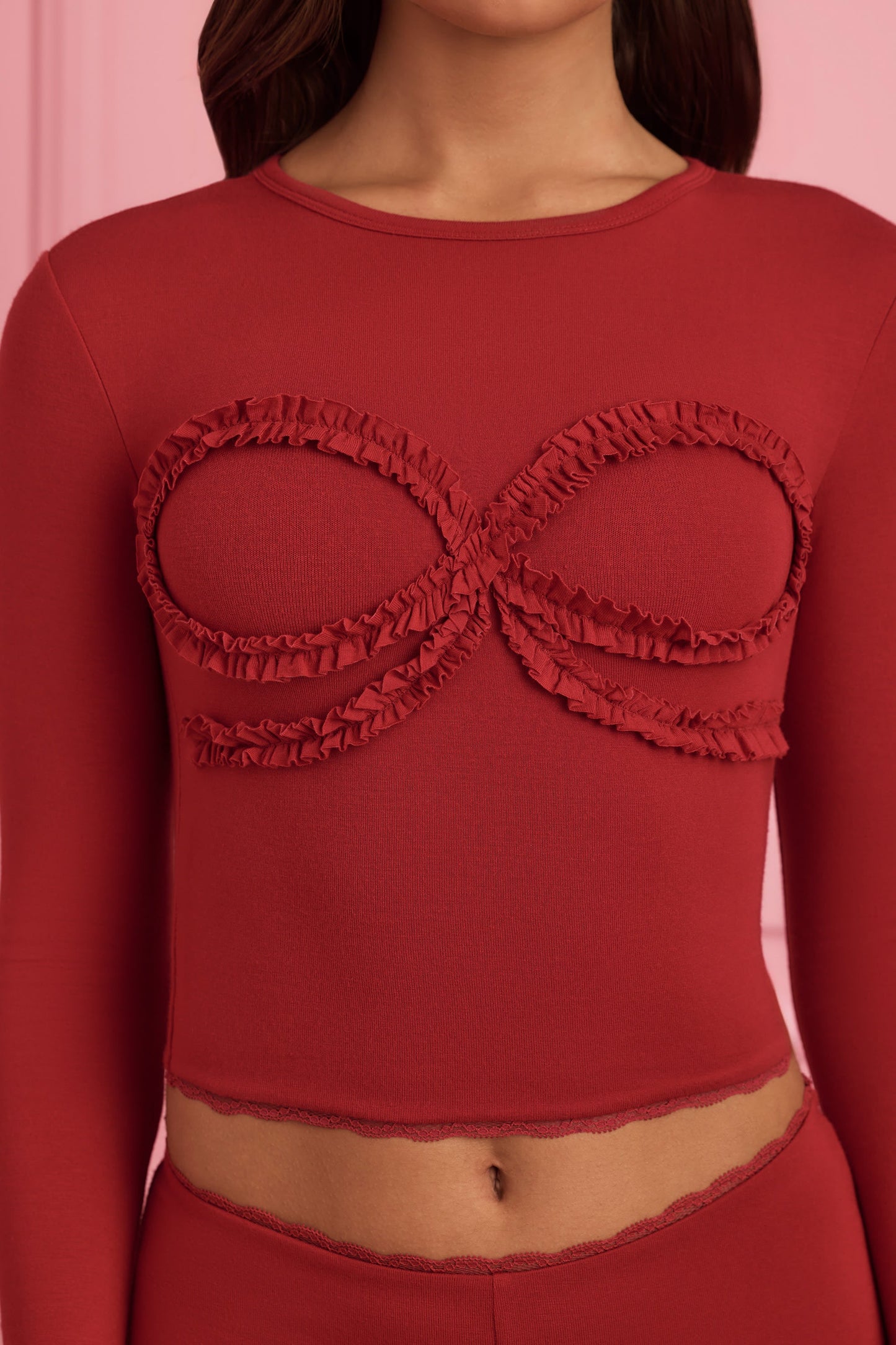 Lace-Trim Appliqu�� Pyjama Top in Ruby Red