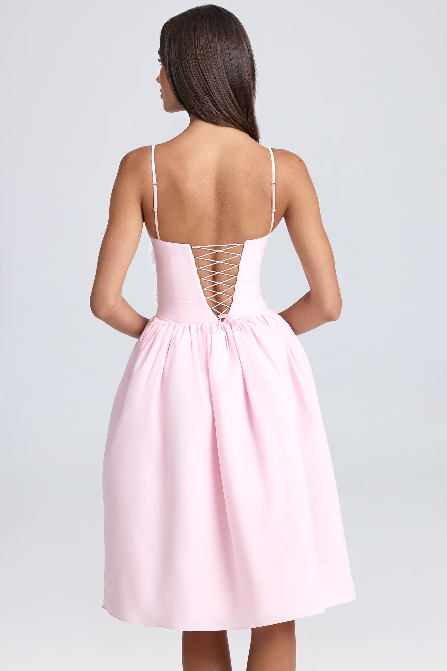 Floral-Appliqu�� Midi Dress in Blush
