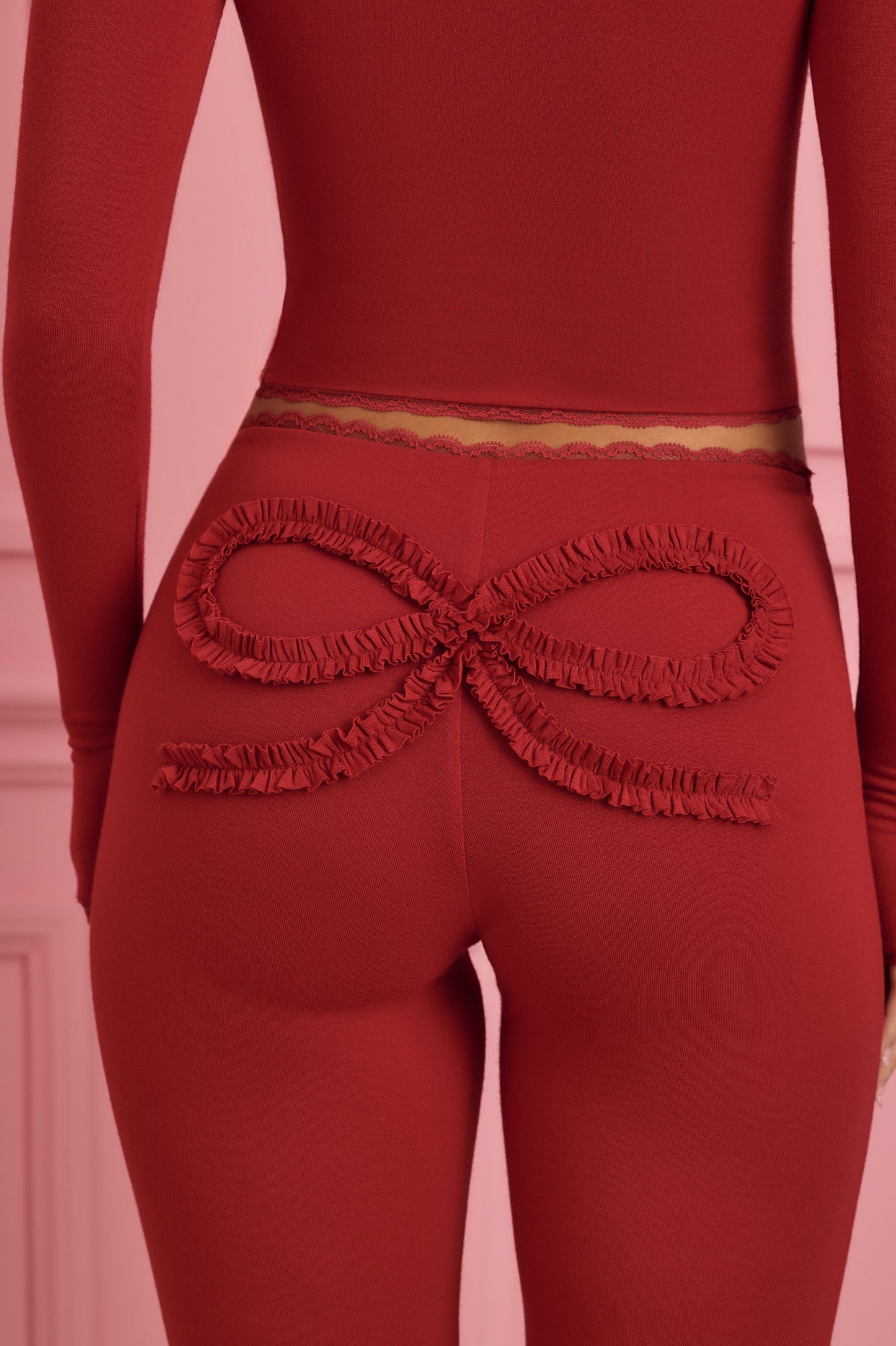 Lace-Trim Appliqu�� Pyjama Trousers in Ruby Red