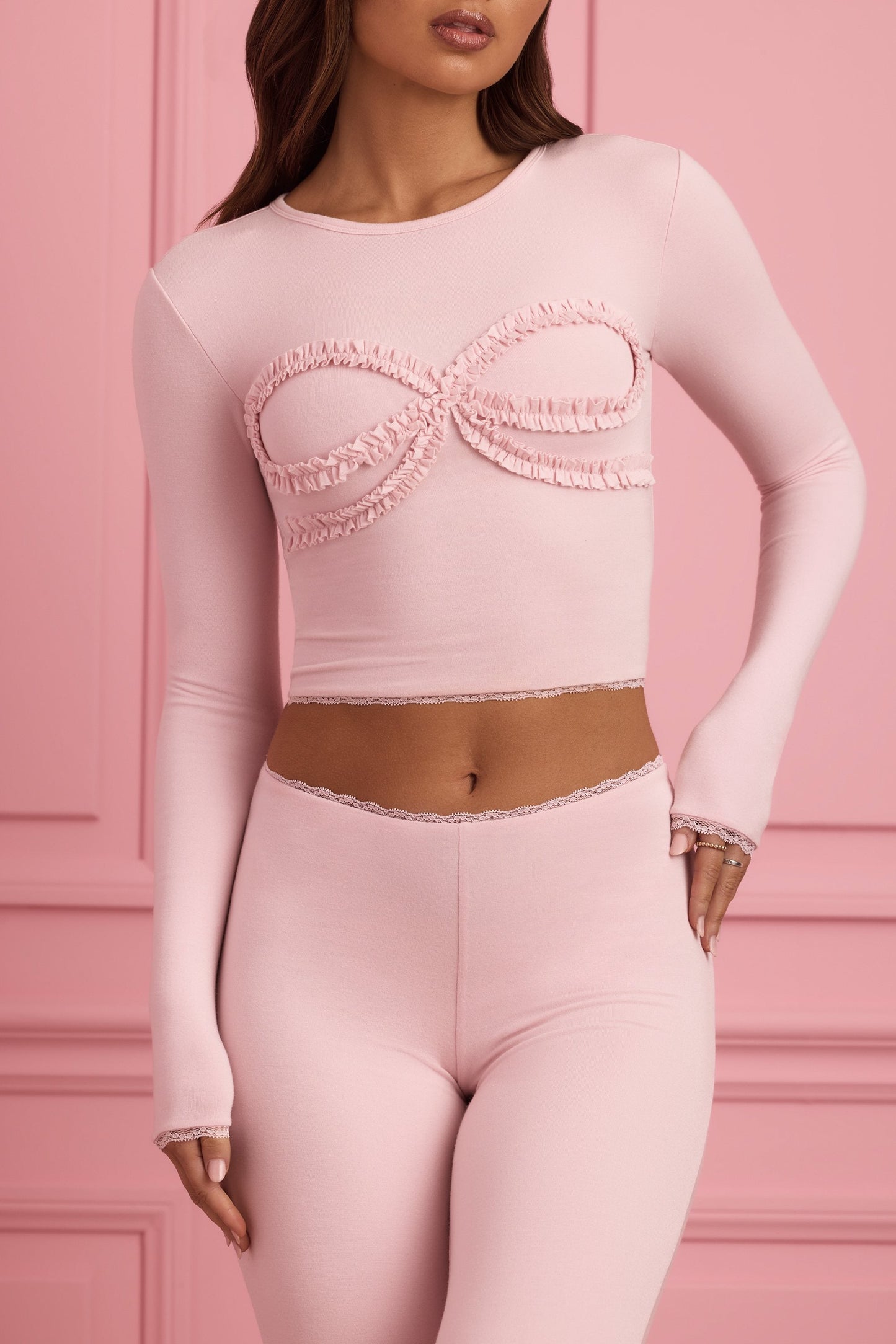 Lace-Trim Appliqu�� Pyjama Top in Baby Pink