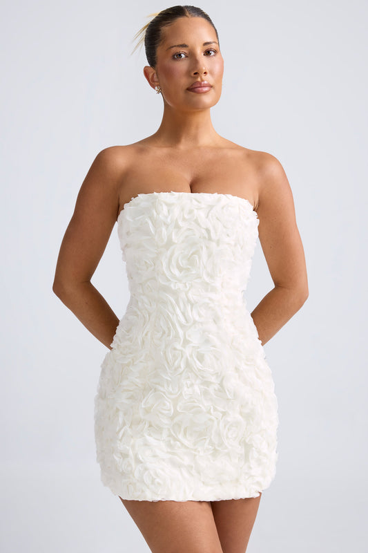 Floral-Appliqu�� Bandeau A-Line Mini Dress in White